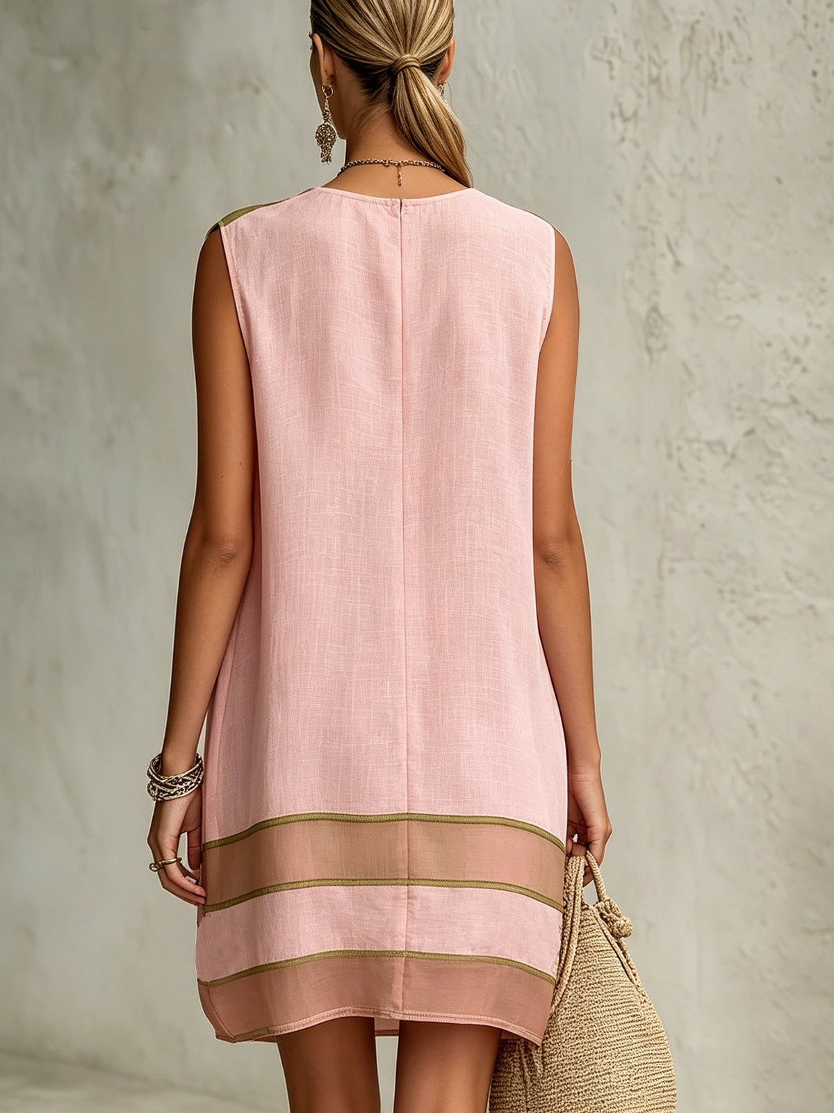 Pink Embroidered Linen A-Line Mini Dress
