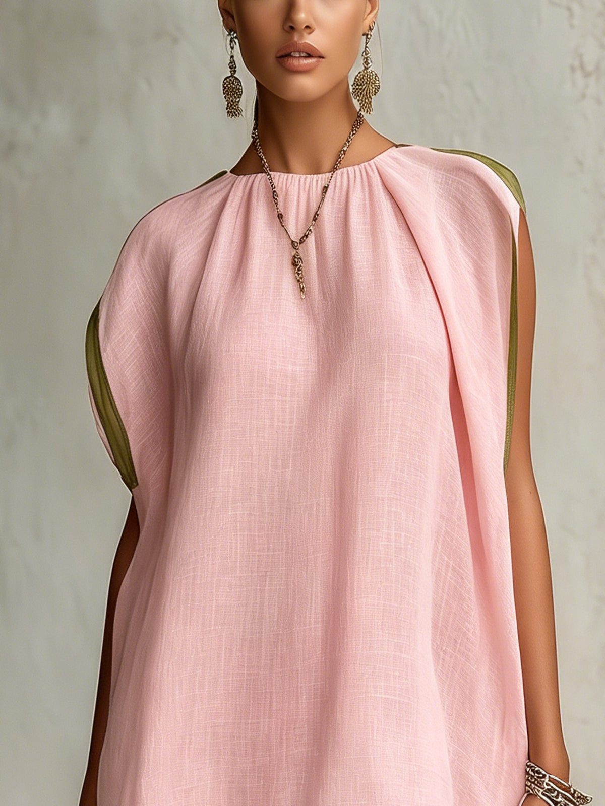 Pink Embroidered Linen A-Line Mini Dress