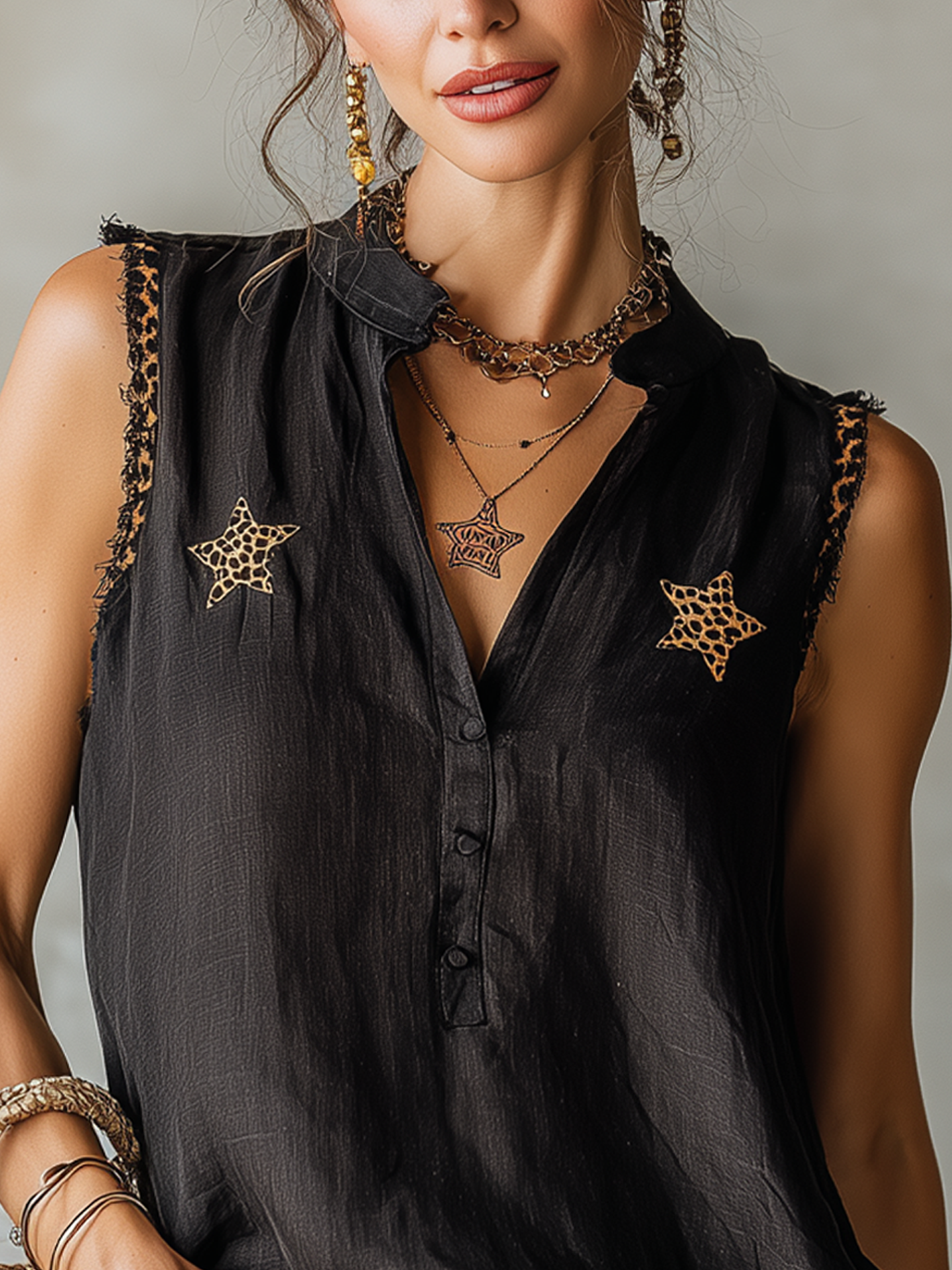 Black Sleeveless Cotton Linen Blouse With Leopard Star And Trim