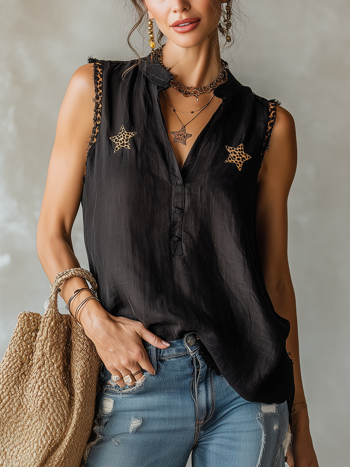 Black Sleeveless Cotton Linen Blouse With Leopard Star And Trim