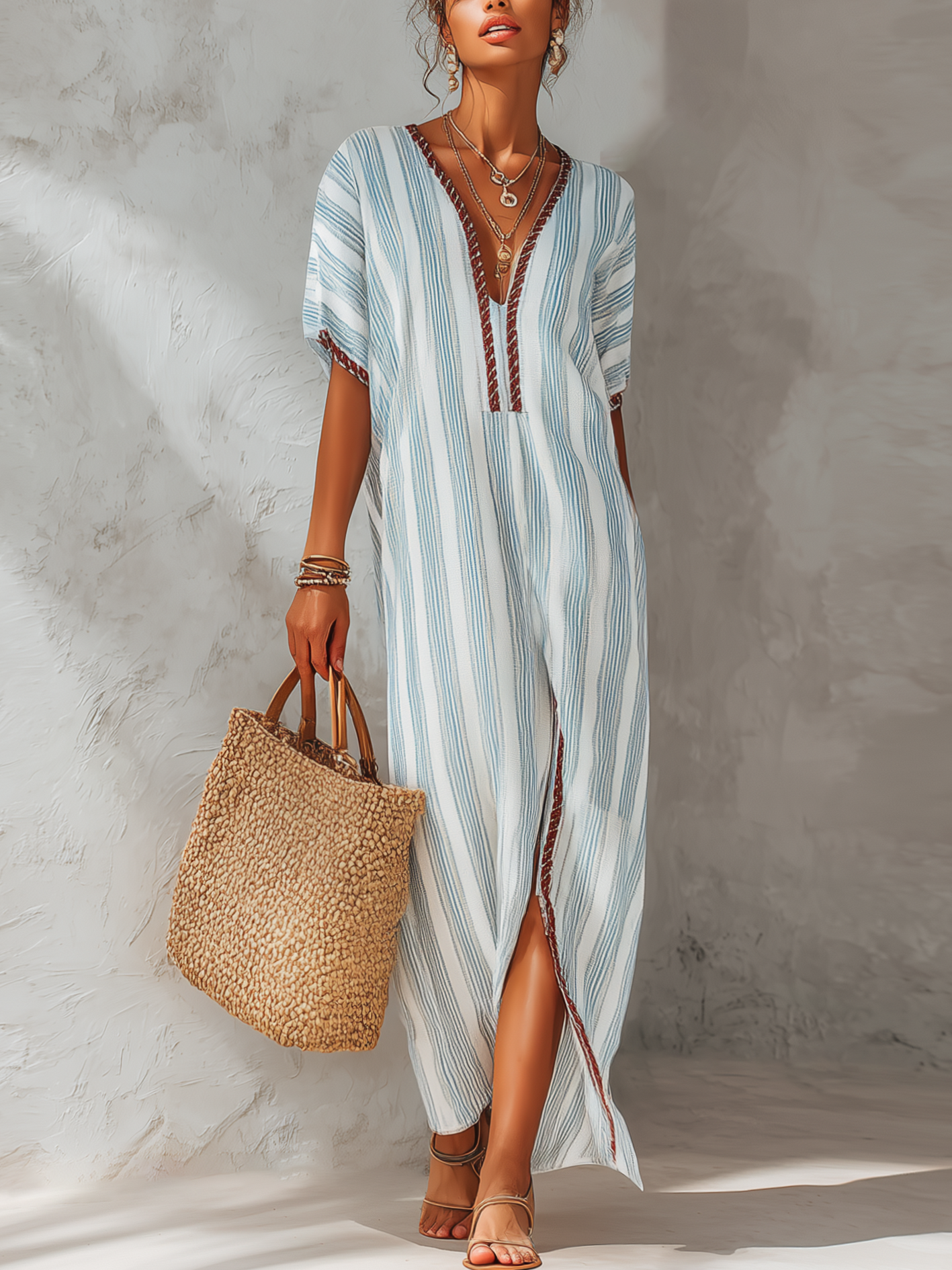 Blue Striped Cotton Linen Maxi Dress With Side Slit And Ribbon Trim
