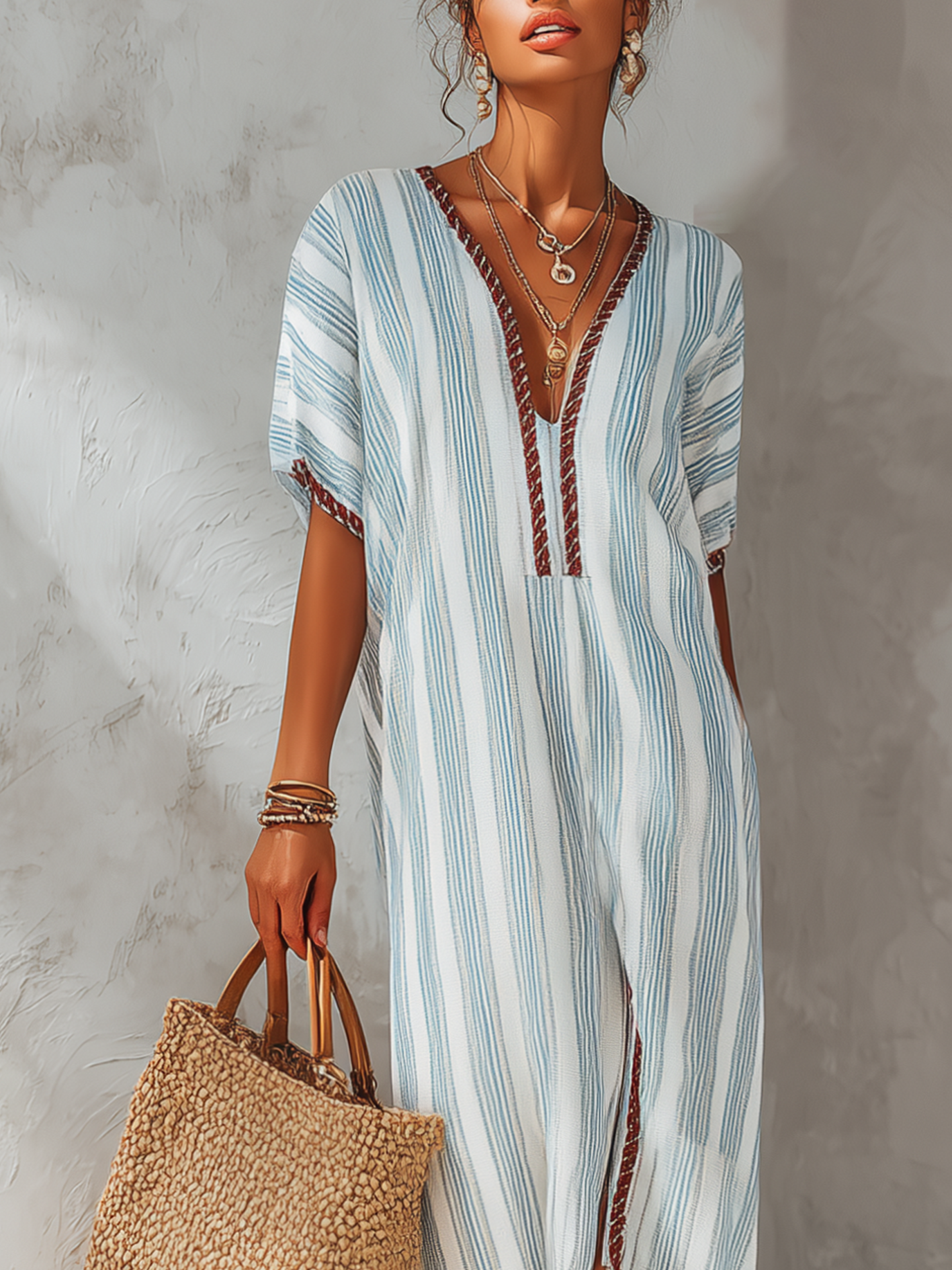 Blue Striped Cotton Linen Maxi Dress With Side Slit And Ribbon Trim