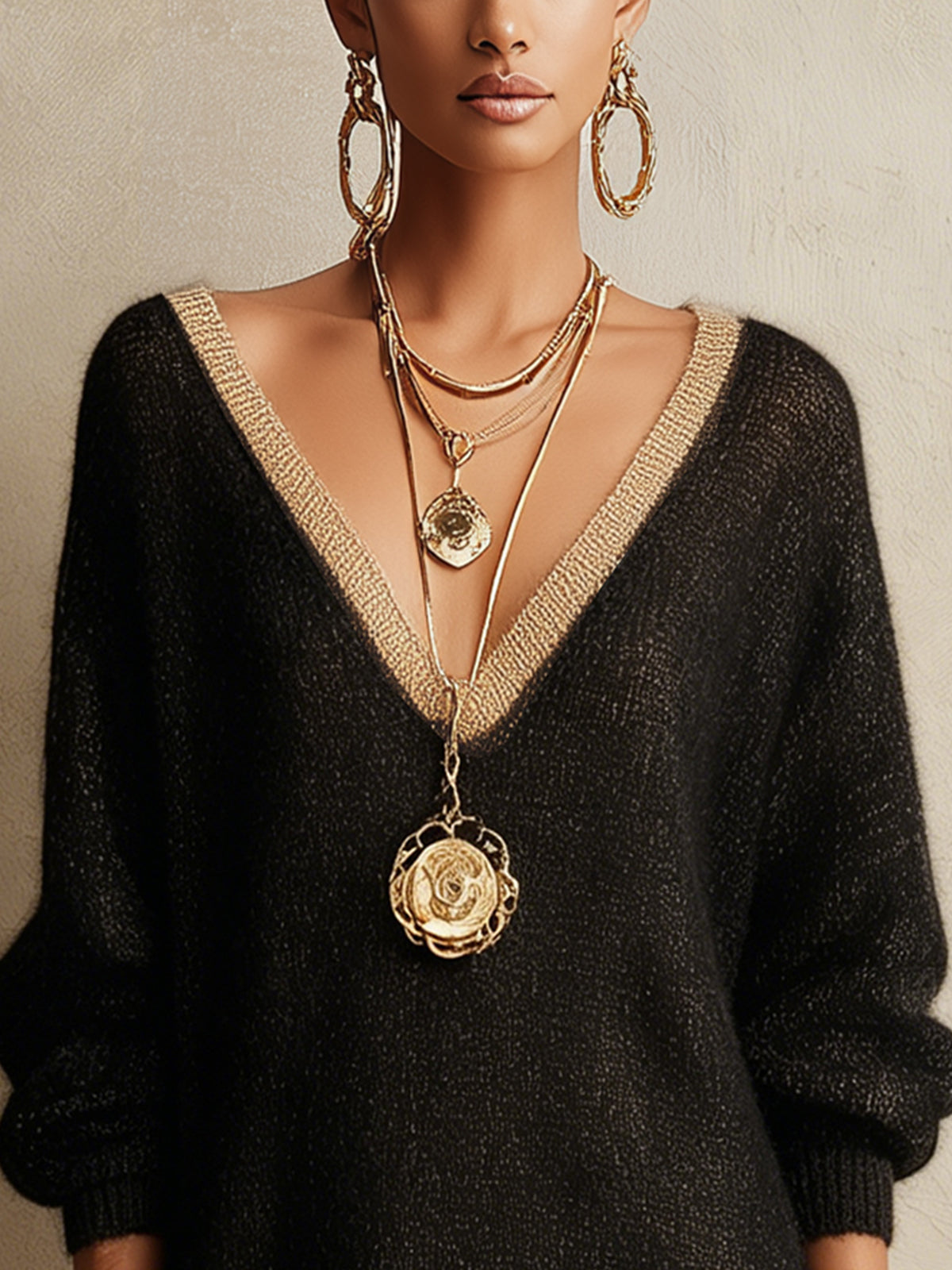 Black And Gold Deep V-Neck Fuzzy Knit Mini Dress