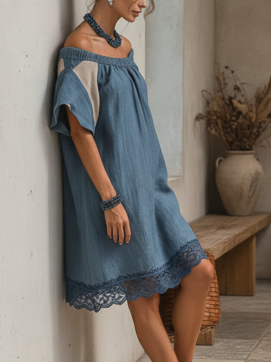 Blue Colorblock Off Shoulder Mini Dress