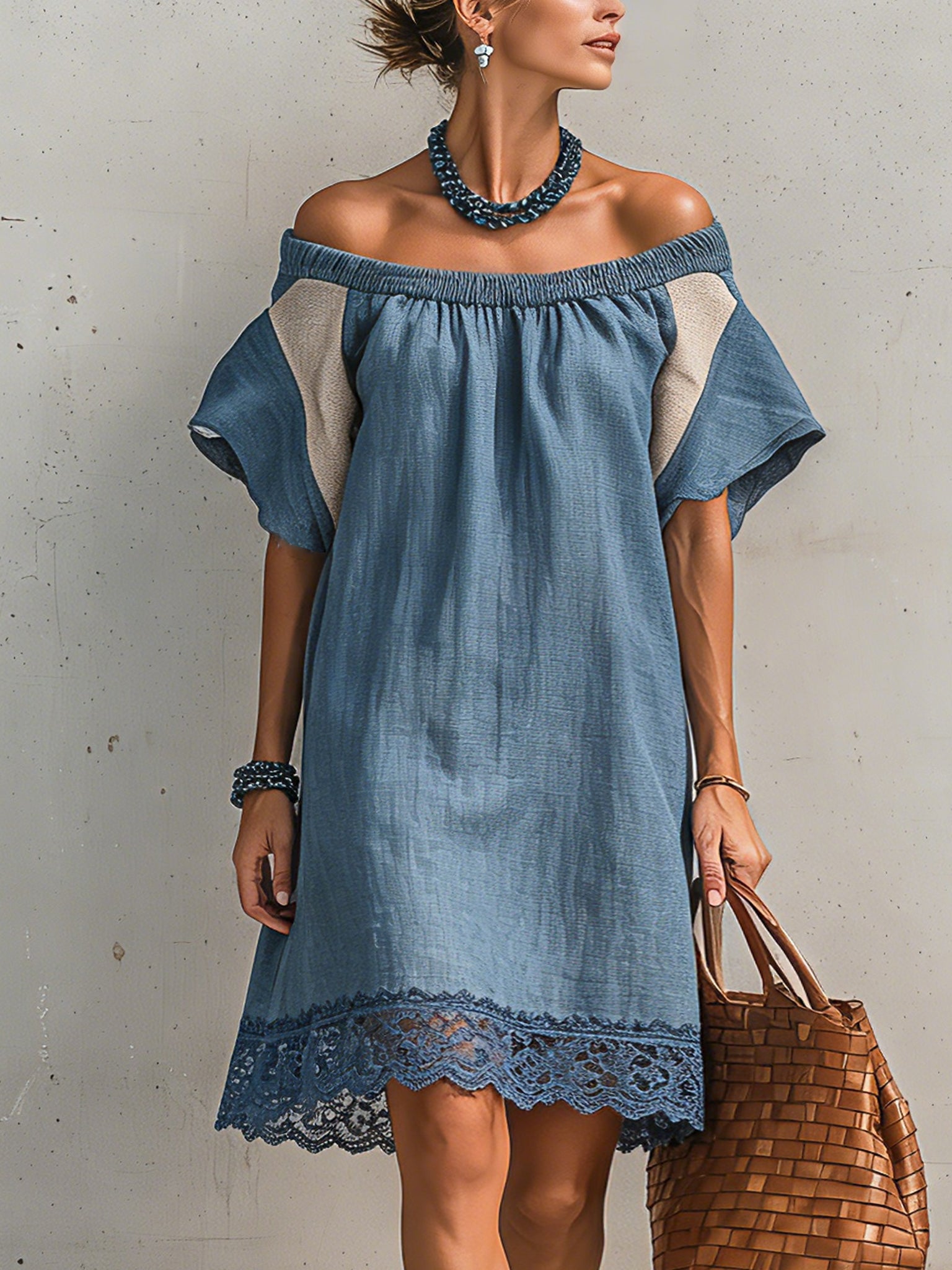 Blue Colorblock Off Shoulder Mini Dress
