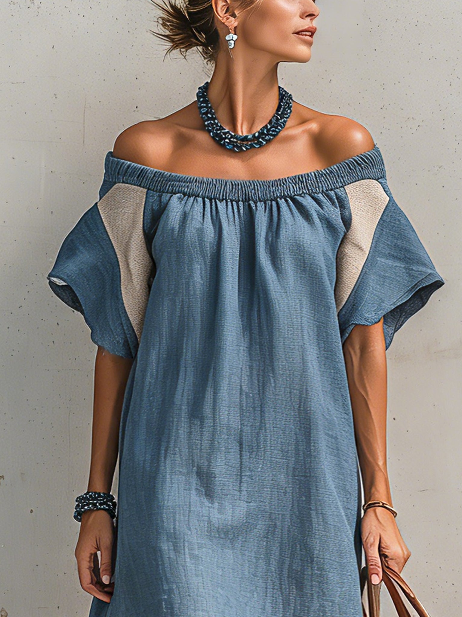 Blue Colorblock Off Shoulder Mini Dress