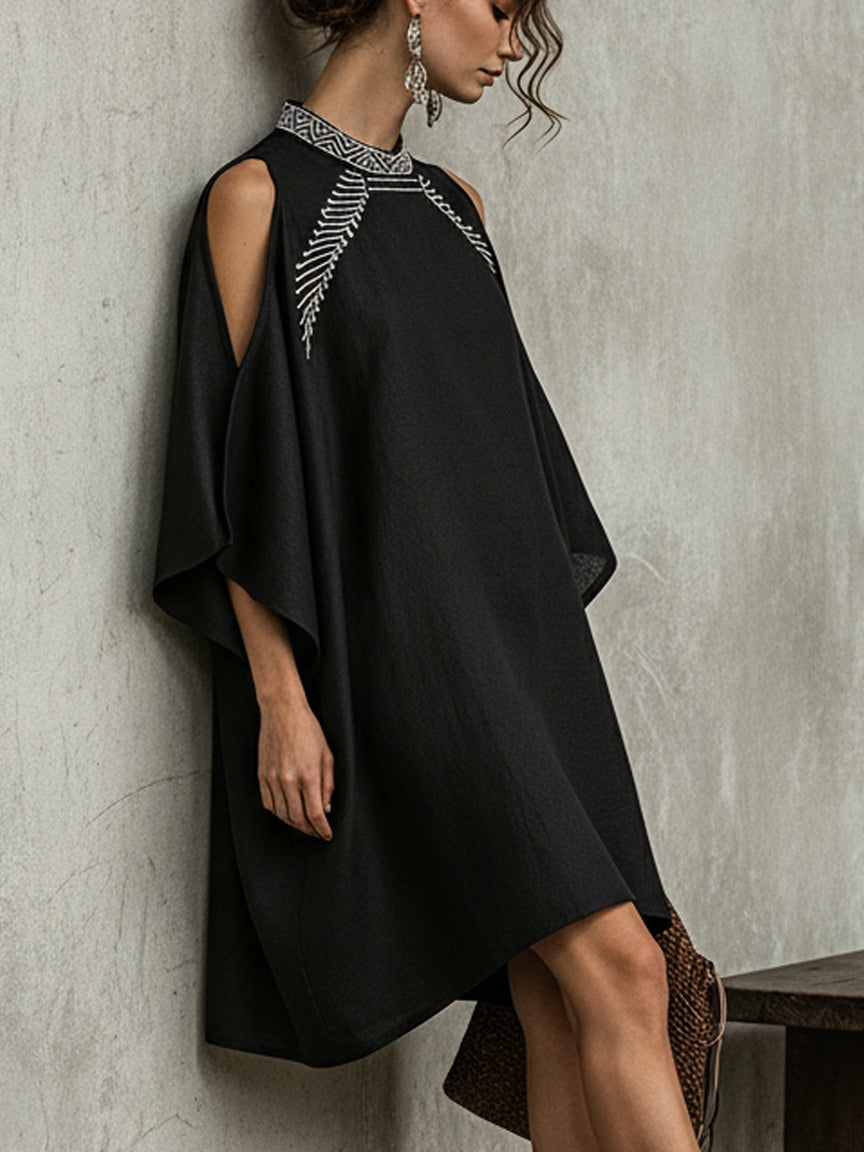 Black Linen Embroidered Off Shoulder Mini Dress