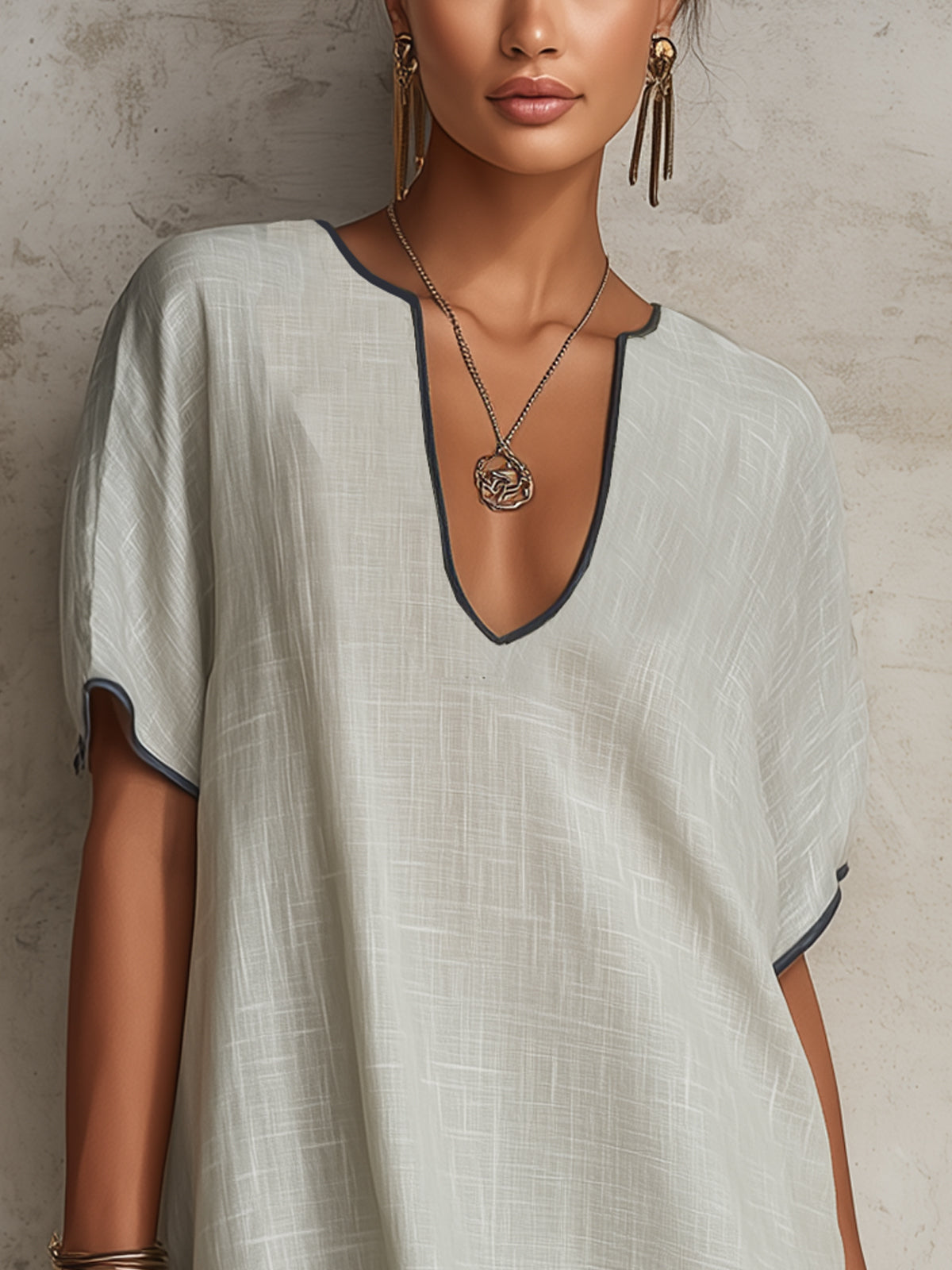 Light Green Embroidered V-Neck Linen Mini Dress