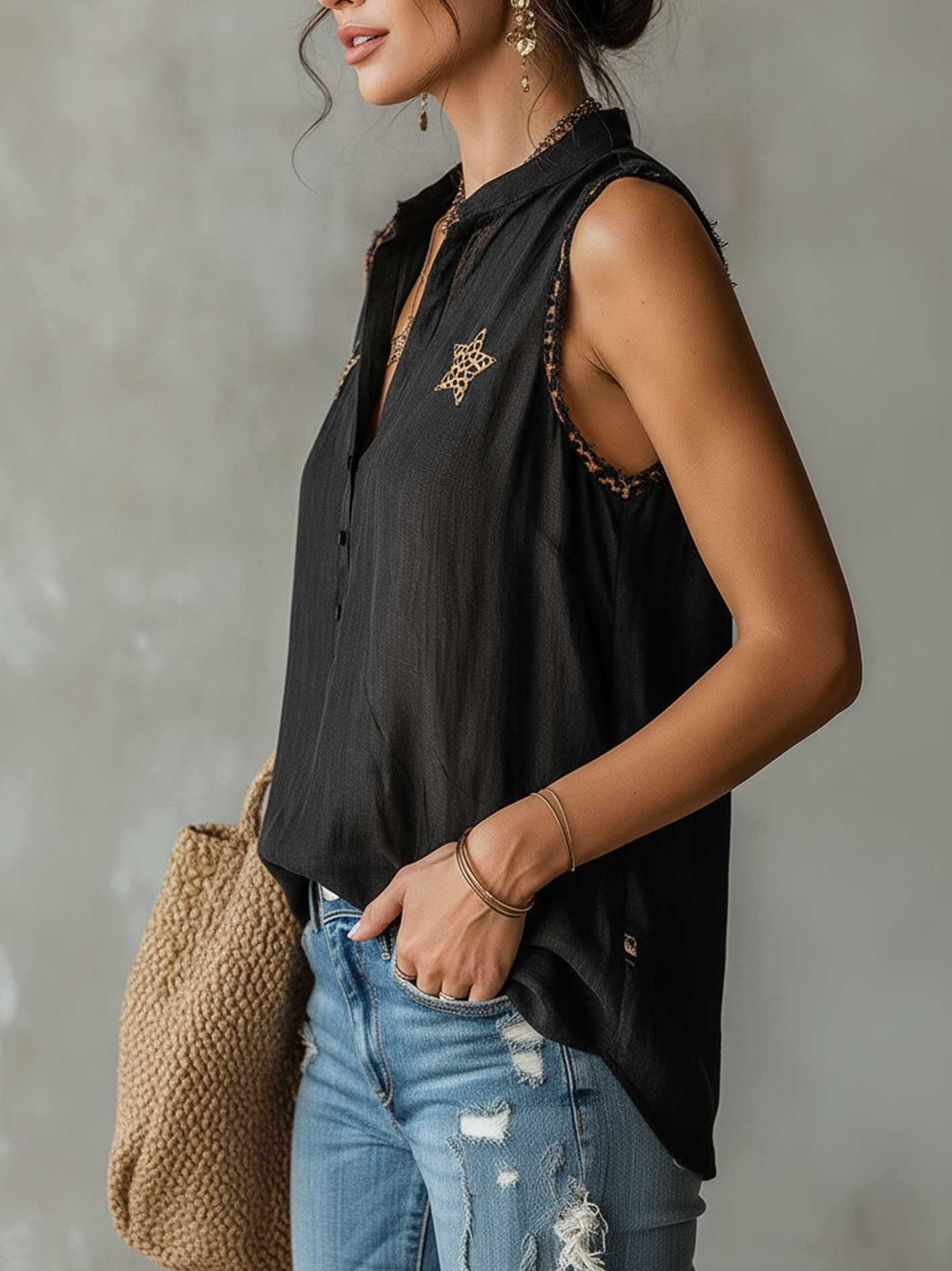 Black Sleeveless Cotton Linen Blouse With Leopard Star And Trim