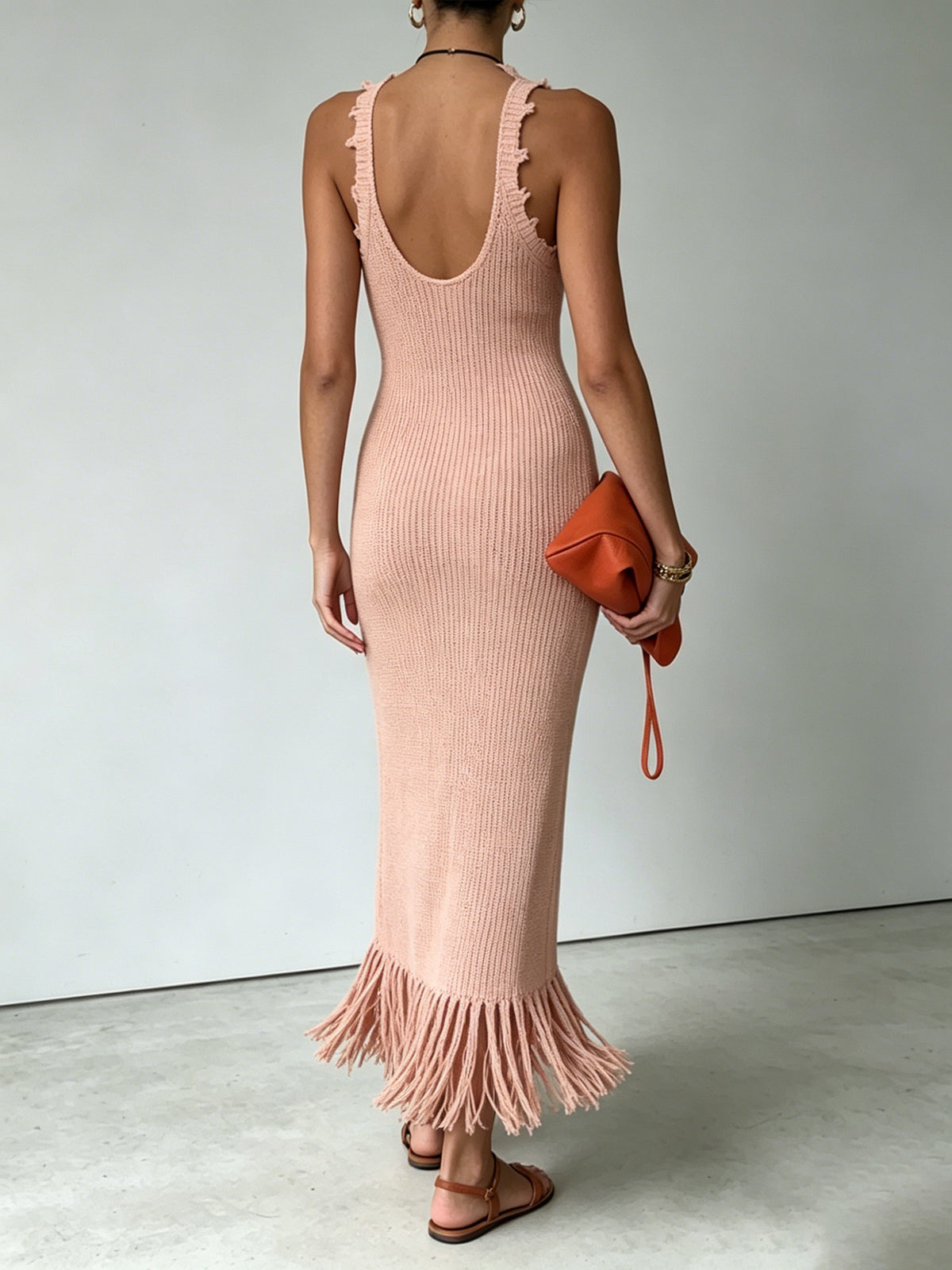 Pink Knit Fringe Hem Sleeveless Maxi Dress