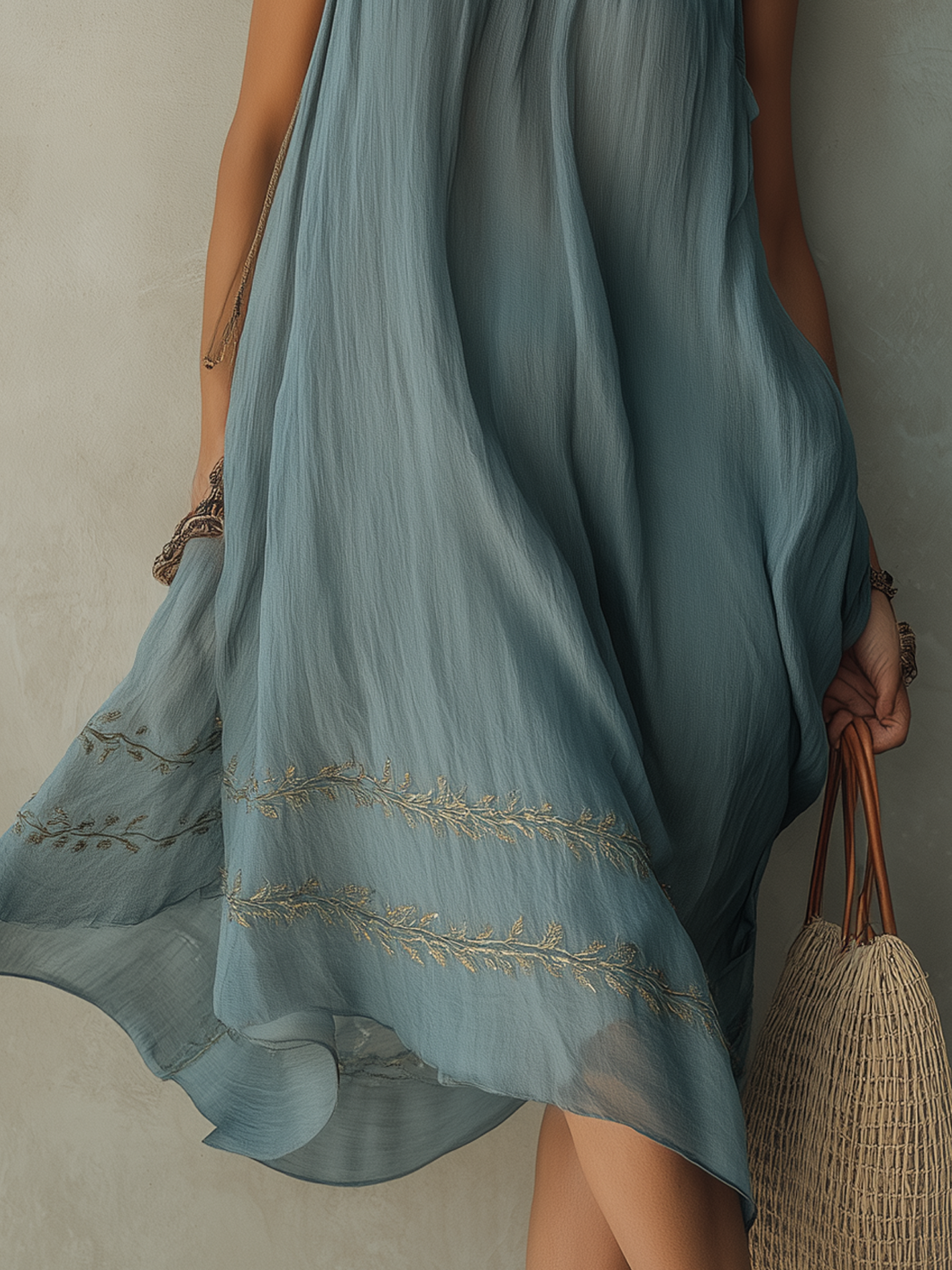 Dusty Blue Embroidered Sleeveless Chiffon Midi Dress