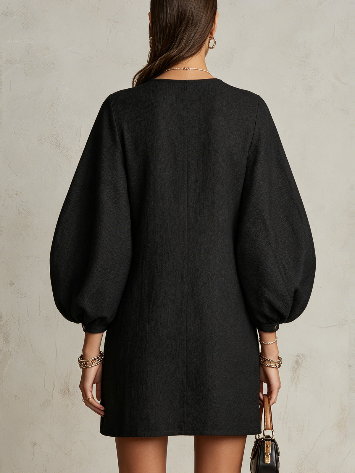 Black Deep V-Neck Balloon Sleeve Mini Dress With Gold Embroidery