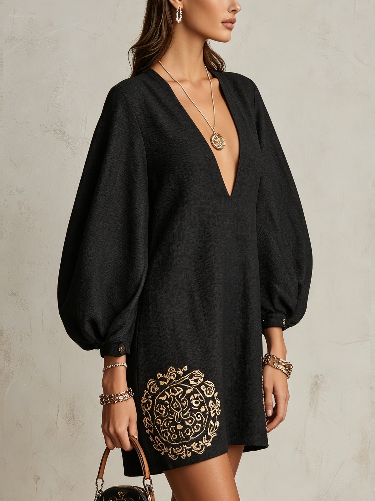 Black Deep V-Neck Balloon Sleeve Mini Dress With Gold Embroidery