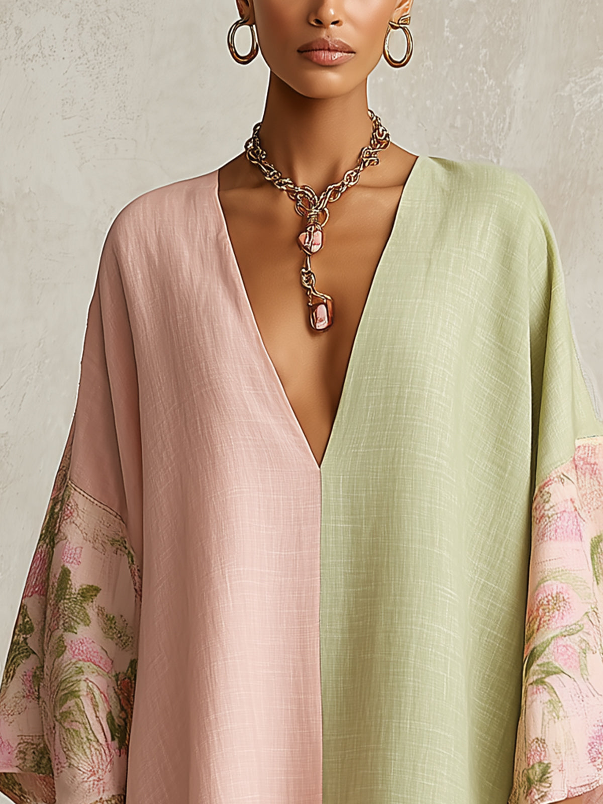 Green And Pink Colorblock Floral Trim Midi Dress