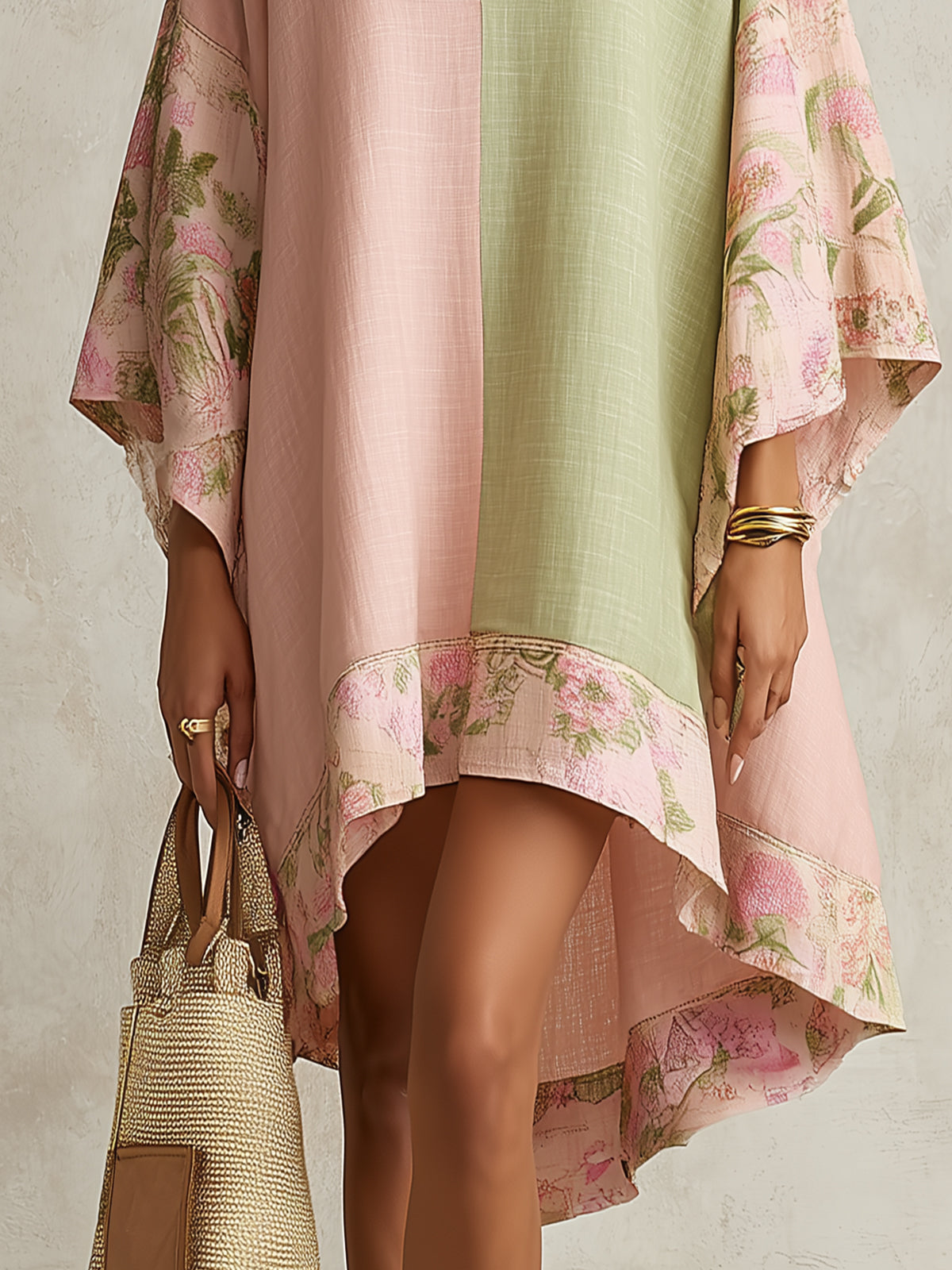 Green And Pink Colorblock Floral Trim Midi Dress