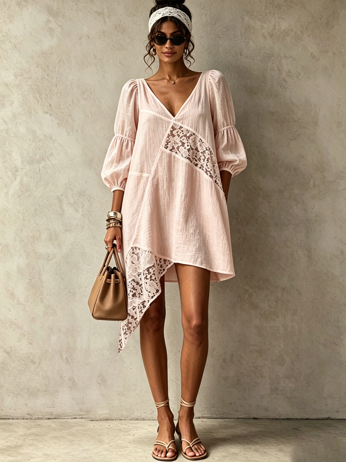 Pink V-Neck Puff Sleeve Lace Panel Asymmetrical Mini Dress