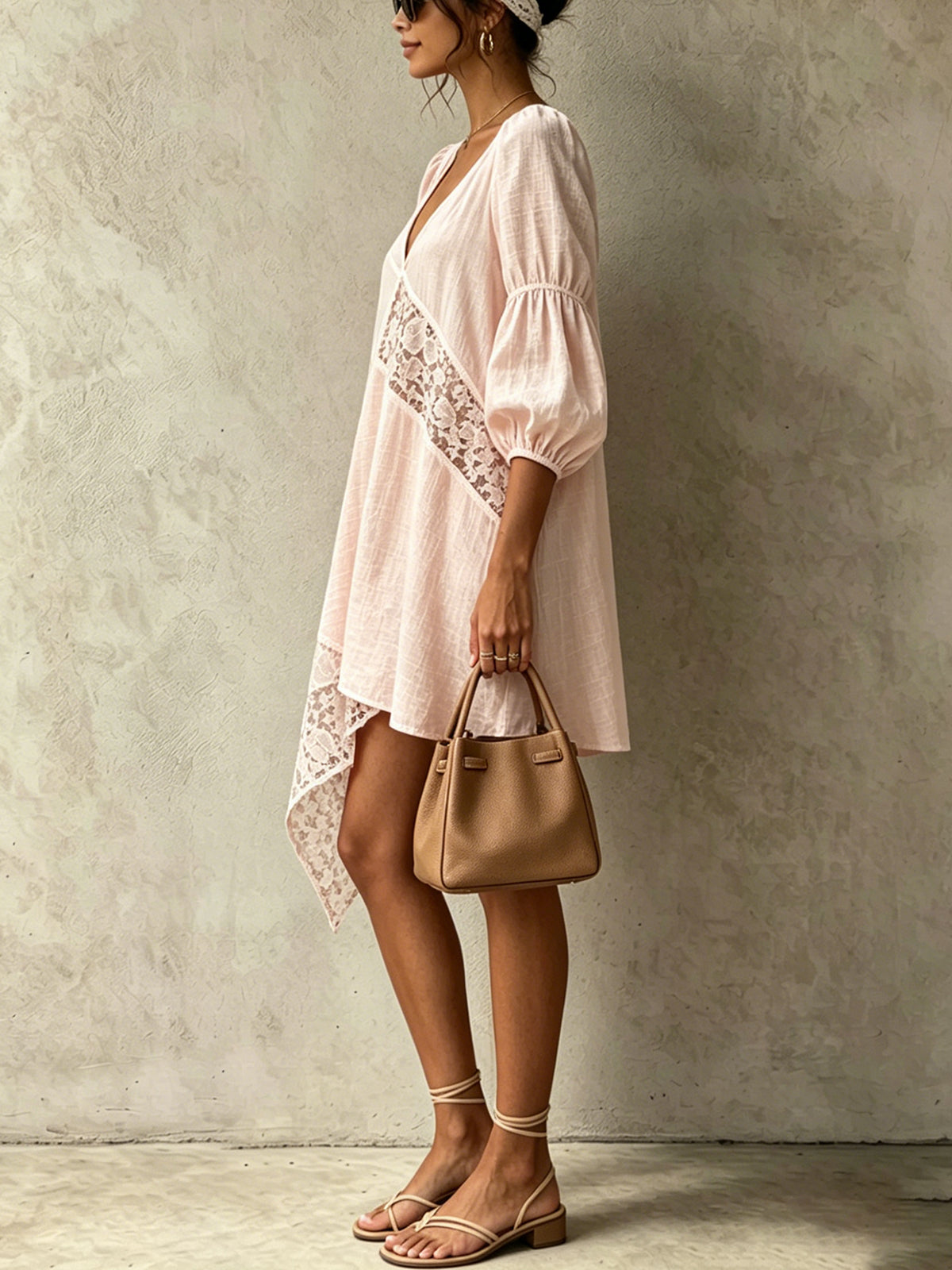 Pink V-Neck Puff Sleeve Lace Panel Asymmetrical Mini Dress
