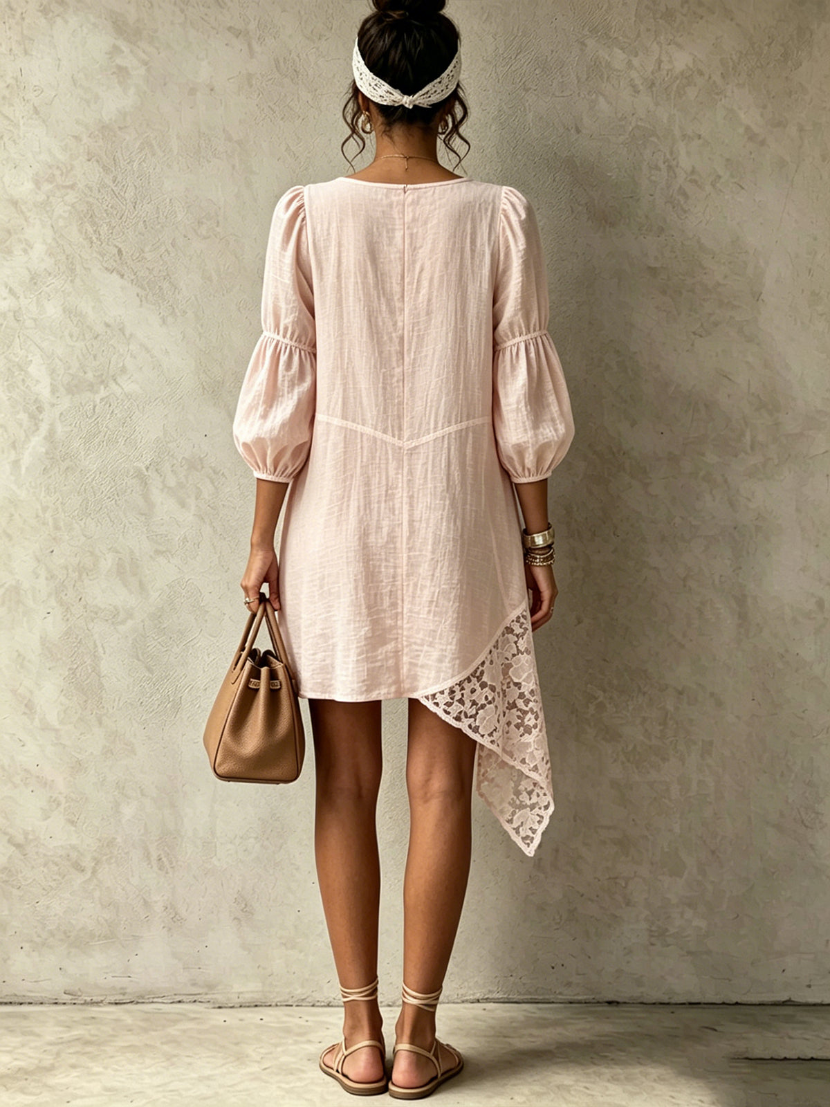 Pink V-Neck Puff Sleeve Lace Panel Asymmetrical Mini Dress