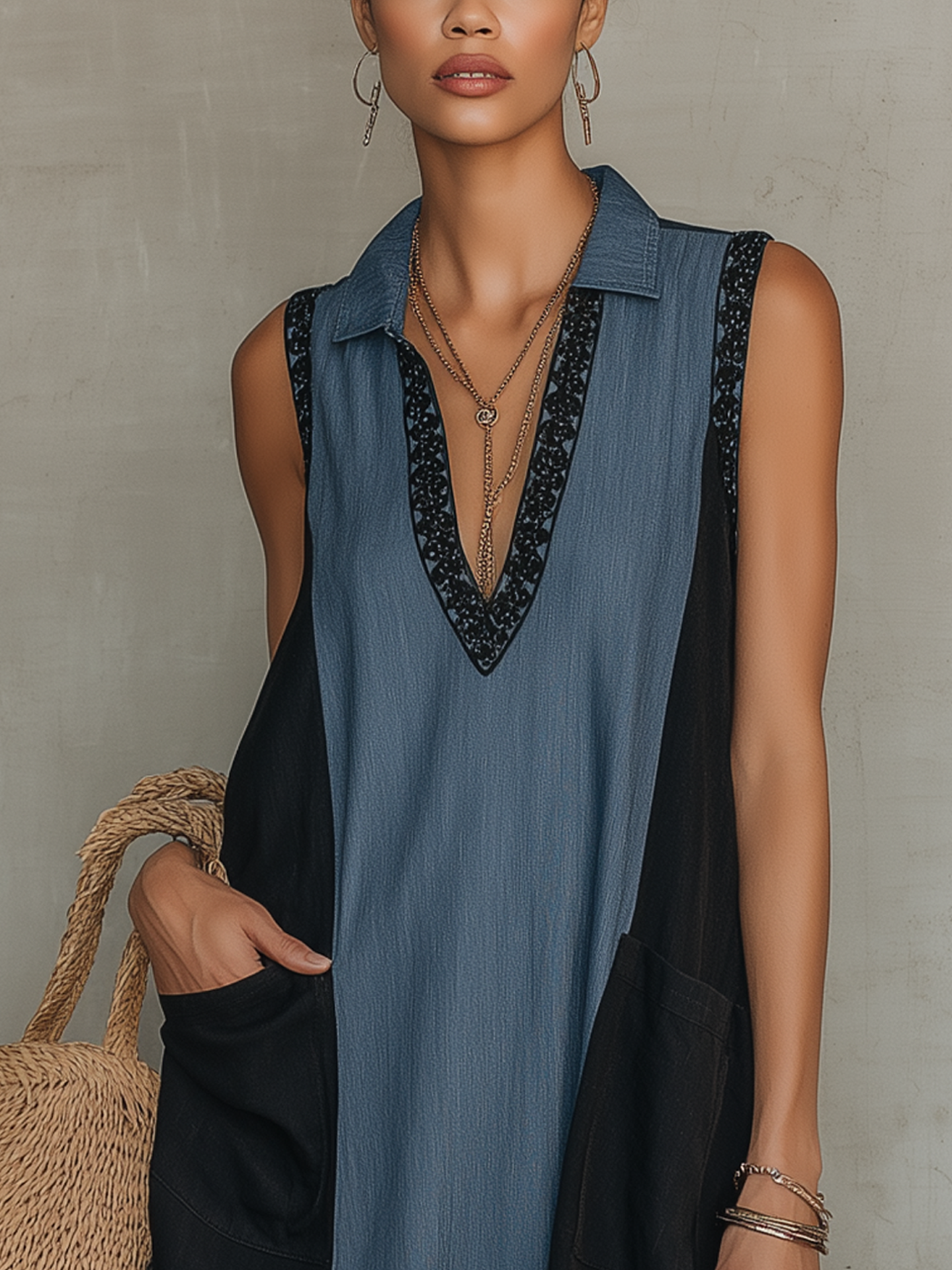 Colorblock Denim Lace Trim Collared Sleeveless Mini Dress