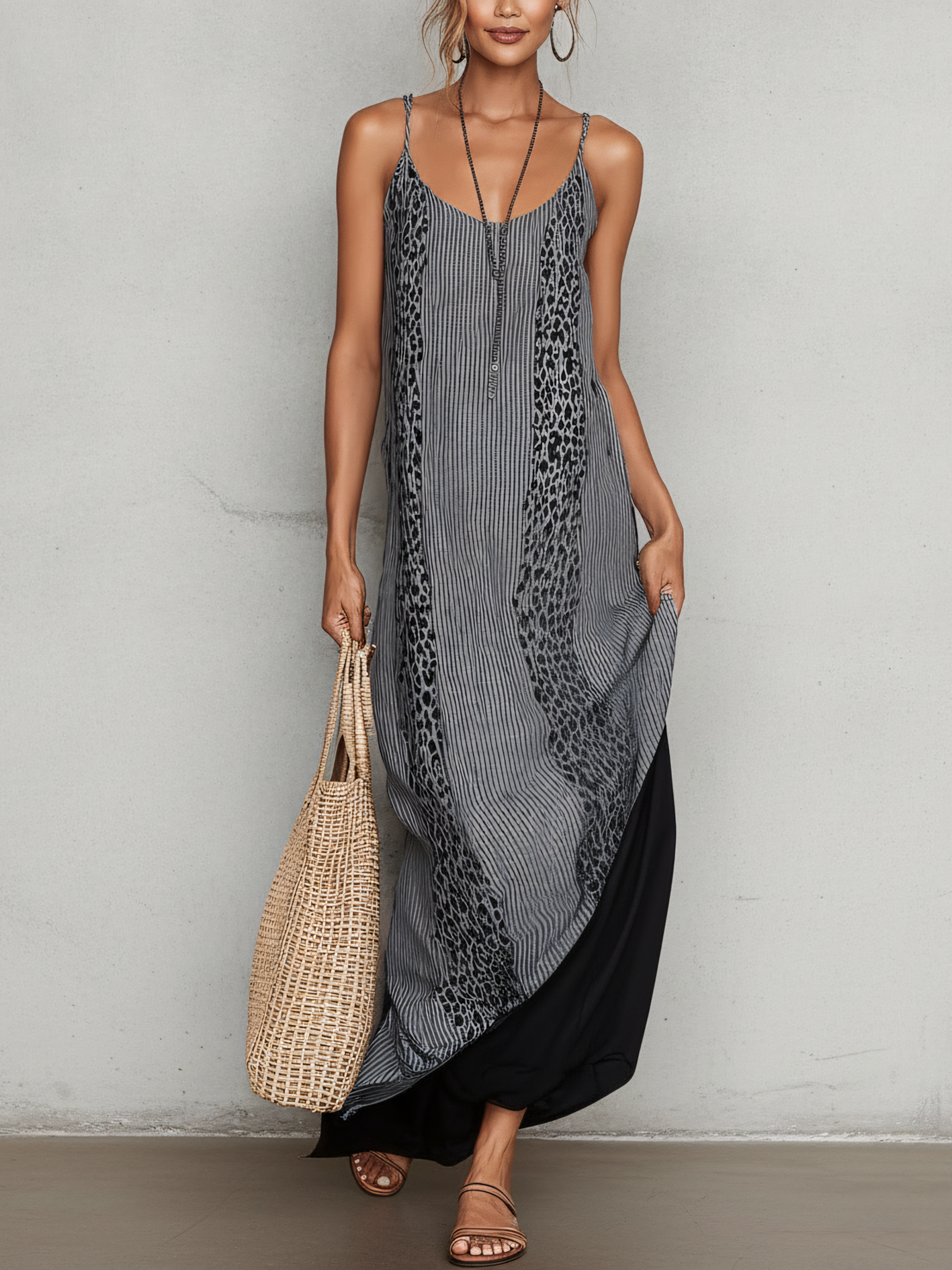 Gray Leopard Stripe Cotton Linen Maxi Dress