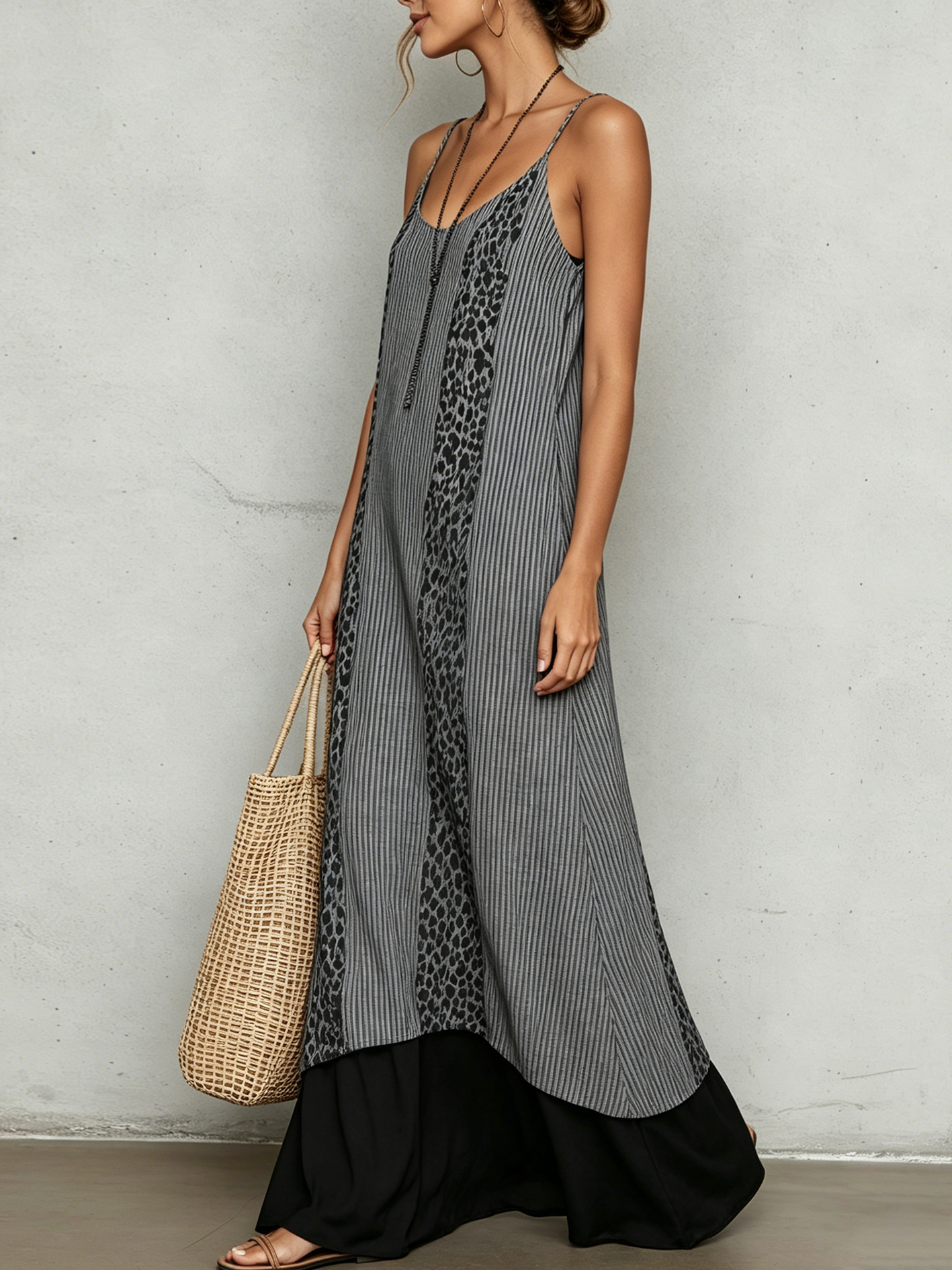 Gray Leopard Stripe Cotton Linen Maxi Dress