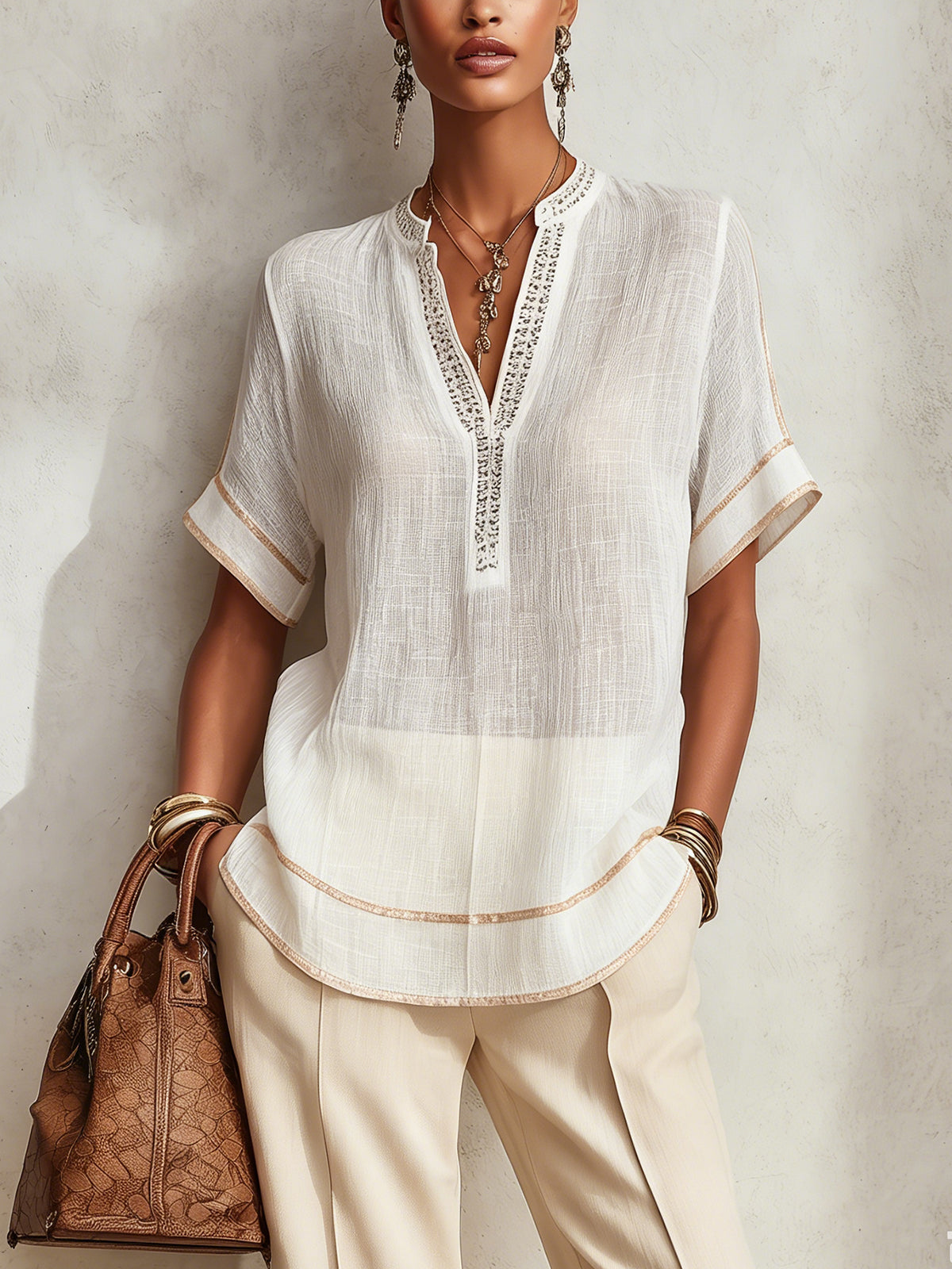 White V-Neck Short Sleeve Blouse