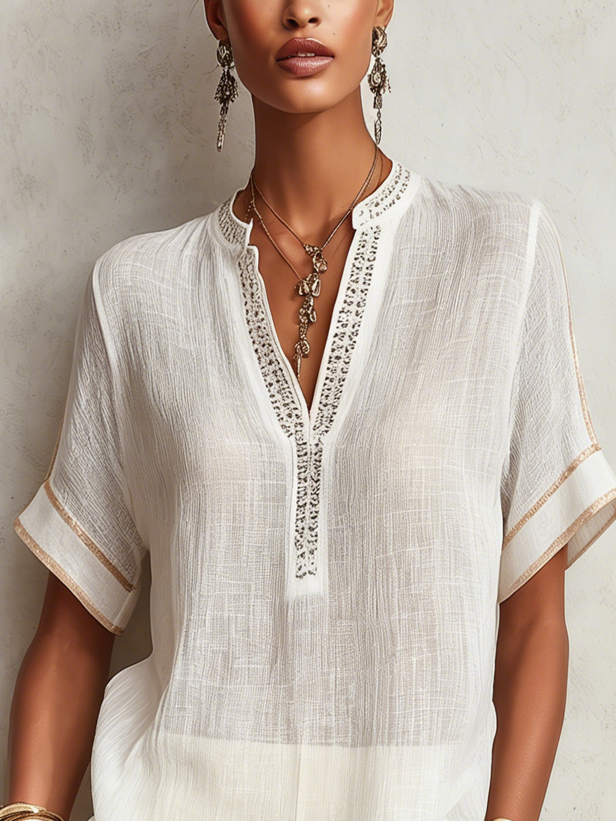 White V-Neck Short Sleeve Blouse