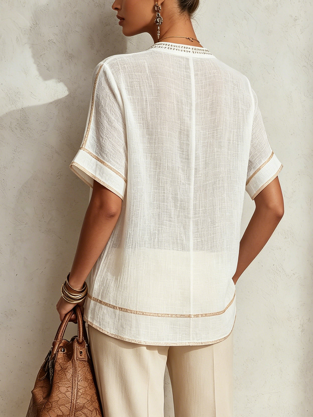 White V-Neck Short Sleeve Blouse