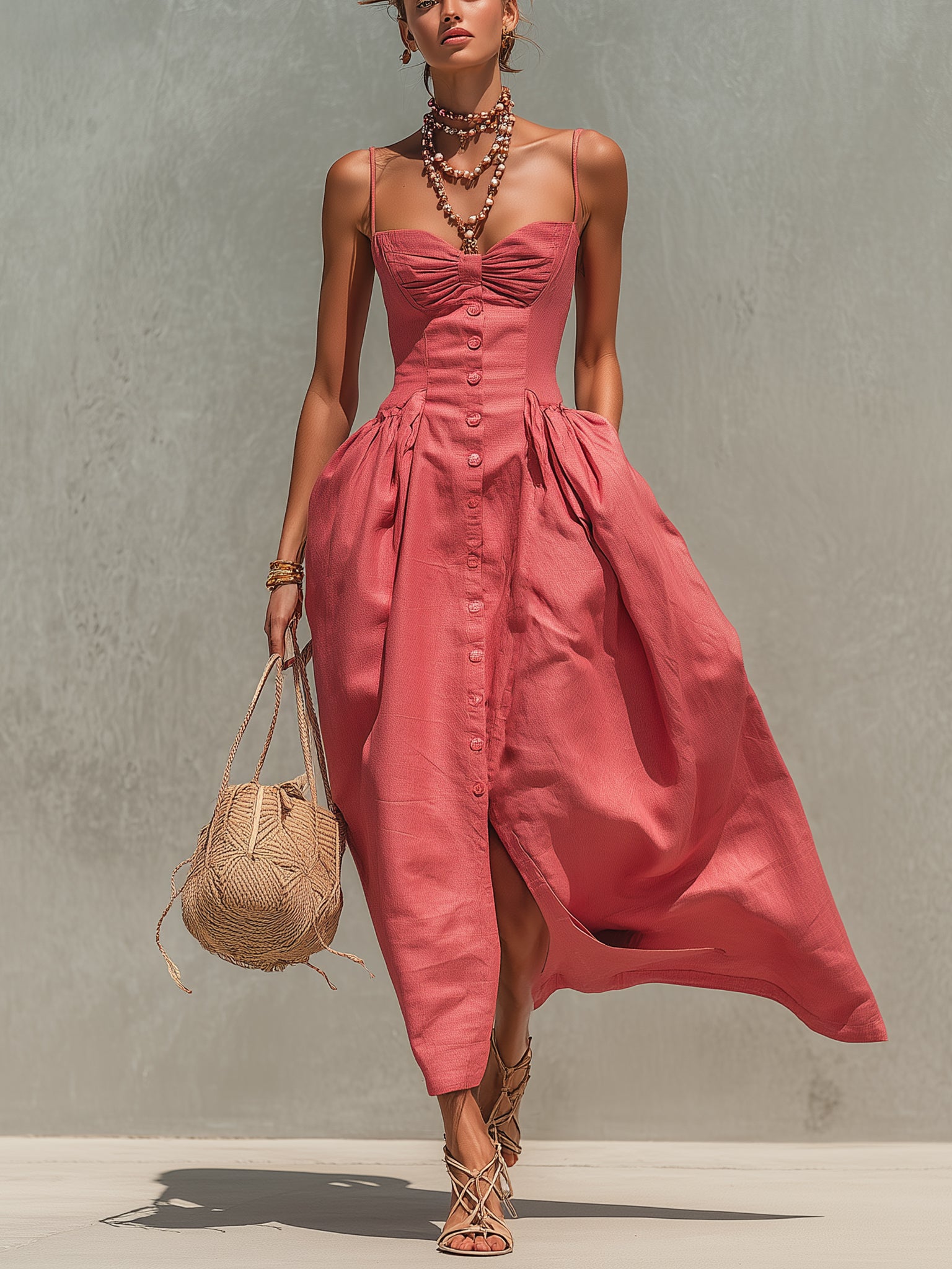Peach Pink Linen Blend  Maxi Dress