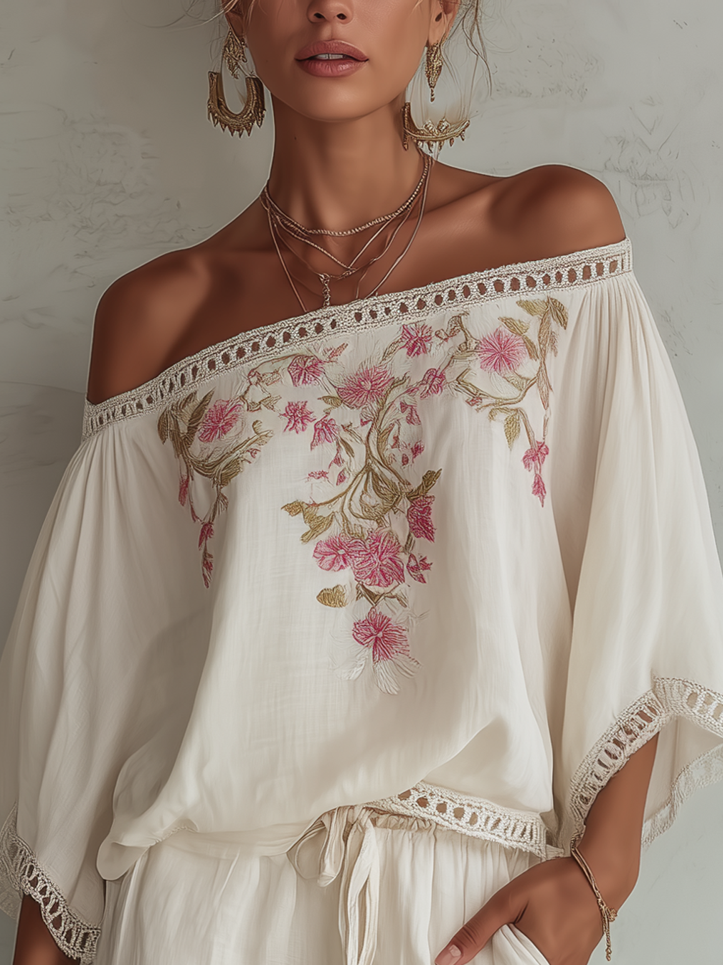 White Off Shoulder Cotton Linen Shirt With Vintage Floral Embroidery