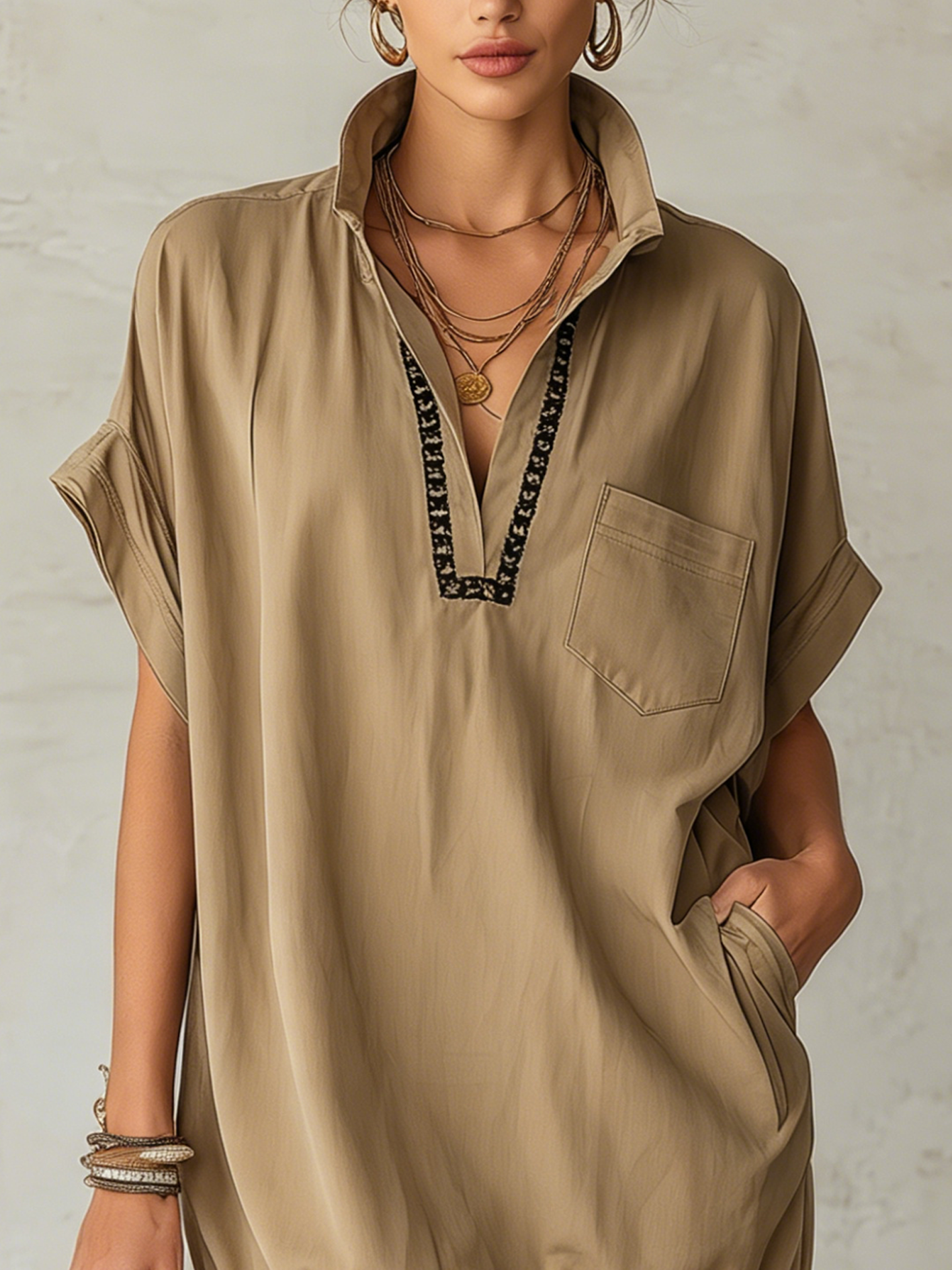 Khaki Drawstring Mini Dress With Ribbon Trim And Ruffled Hem