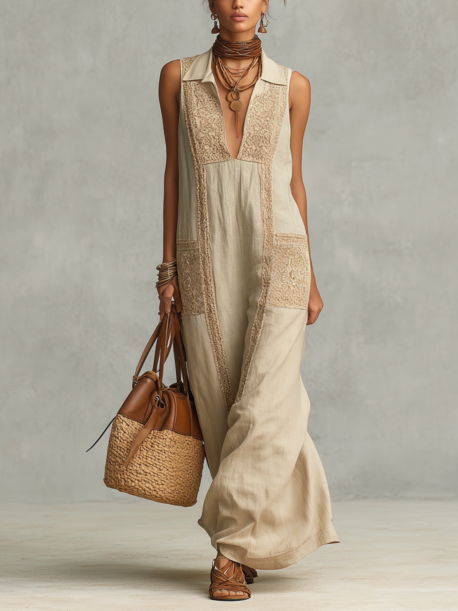 Beige Linen Blend Lace Patchwork Maxi Dress