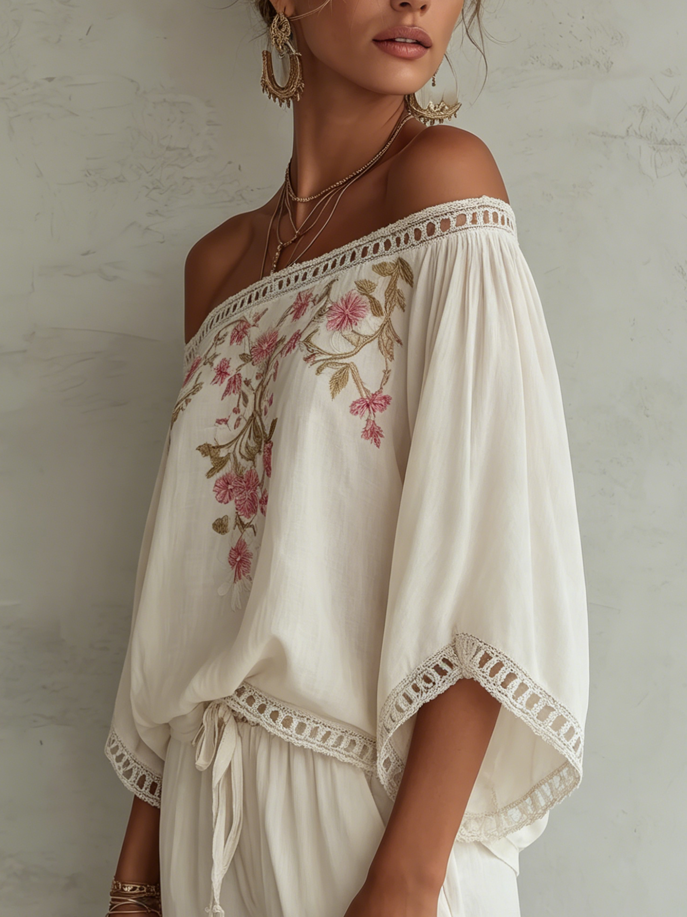 White Off Shoulder Cotton Linen Shirt With Vintage Floral Embroidery