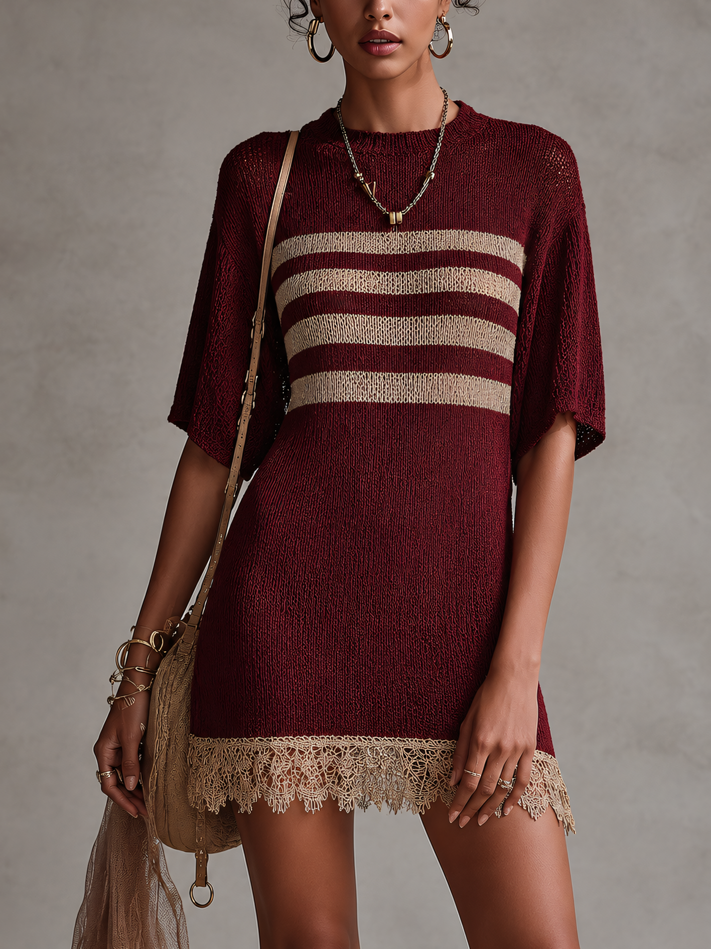 Wine Red Knit Mini Dress With Beige Lace Hem And Striped Panel
