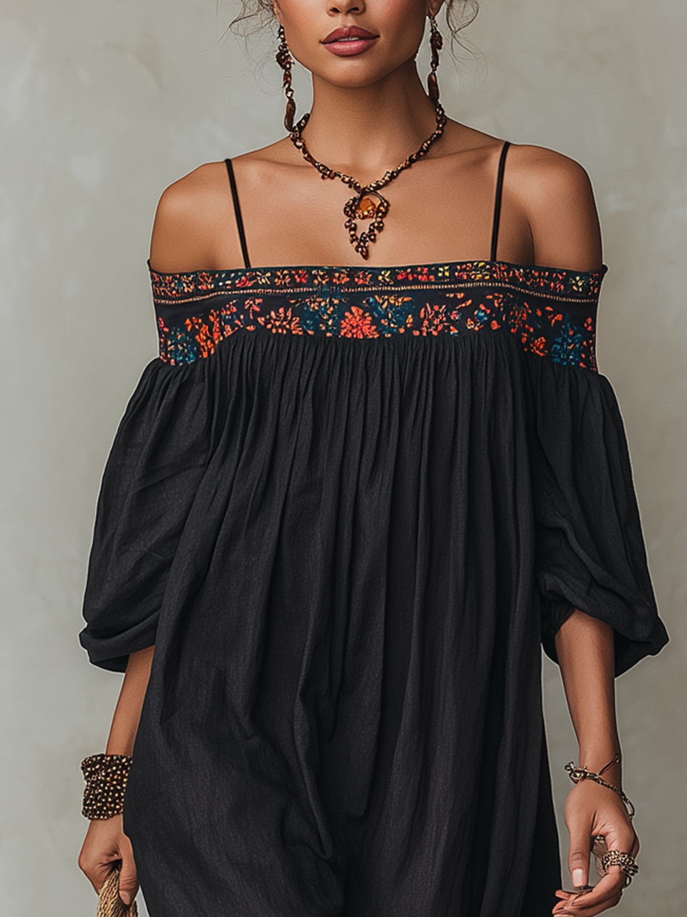 Black Embroidered Patchwork Cotton Linen Spaghetti Strap Midi Dress