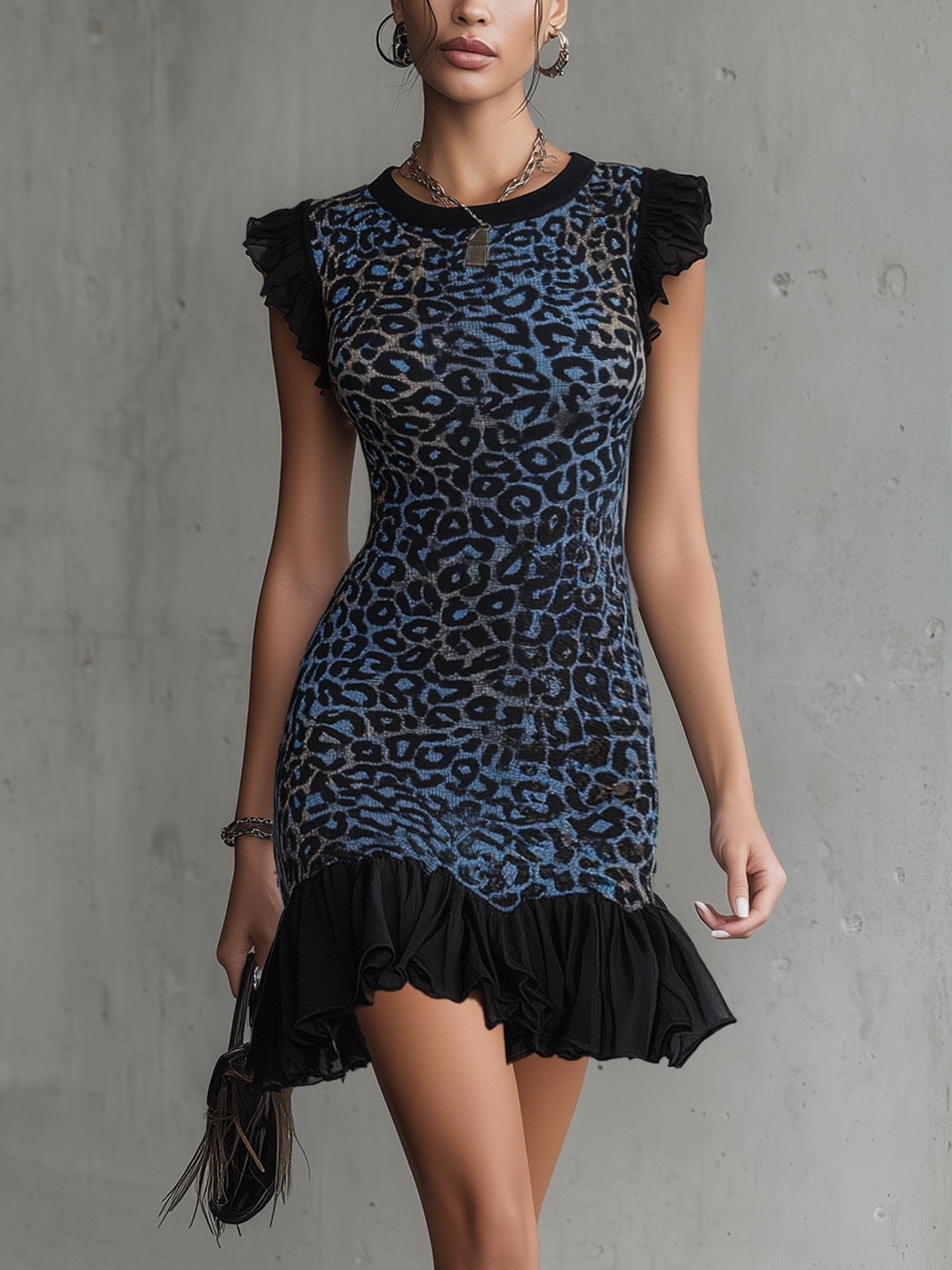 Blue Leopard Print Knitted Ruffle Mini Dress