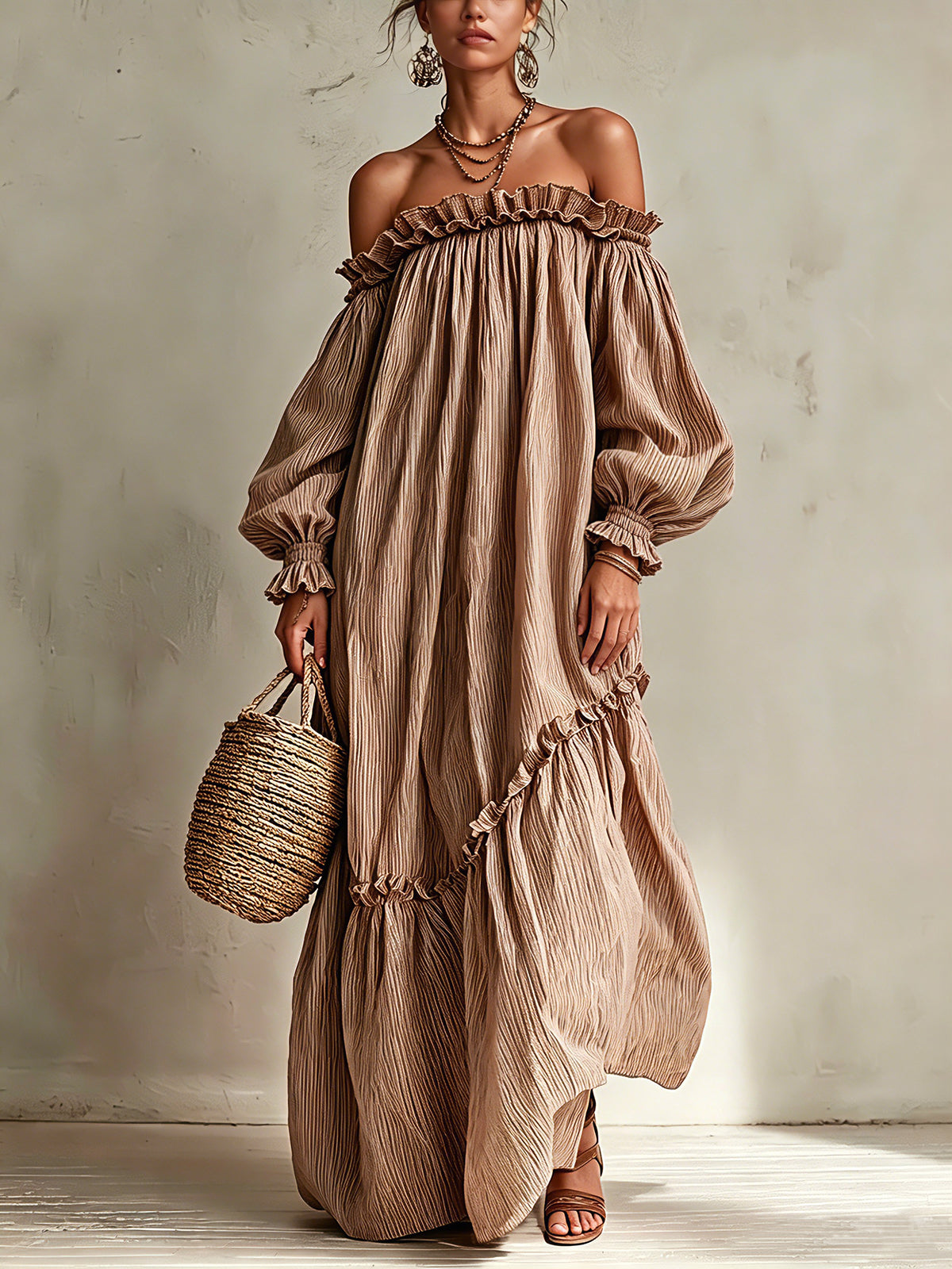 Dusty Pink Striped Off-Shoulder Maxi Dress