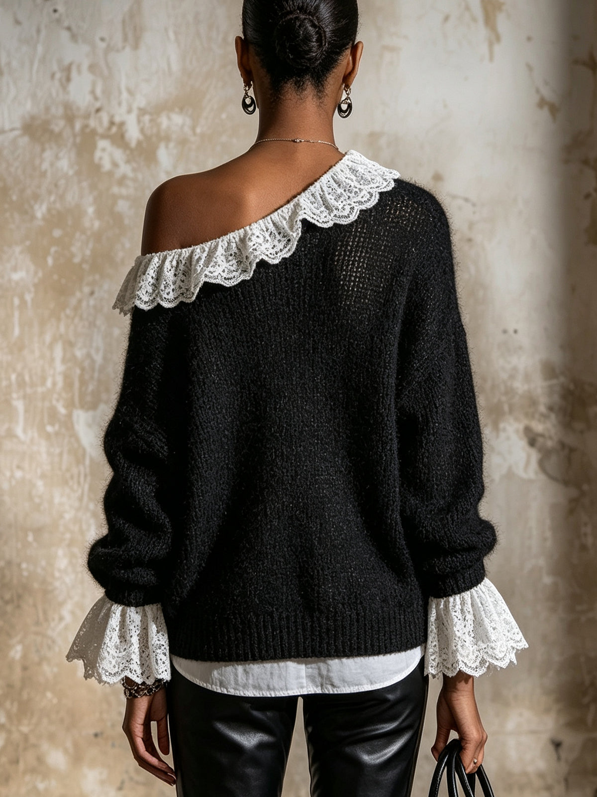 Black Mohair Off-The-Shoulder Sweater With White Lace Trim
