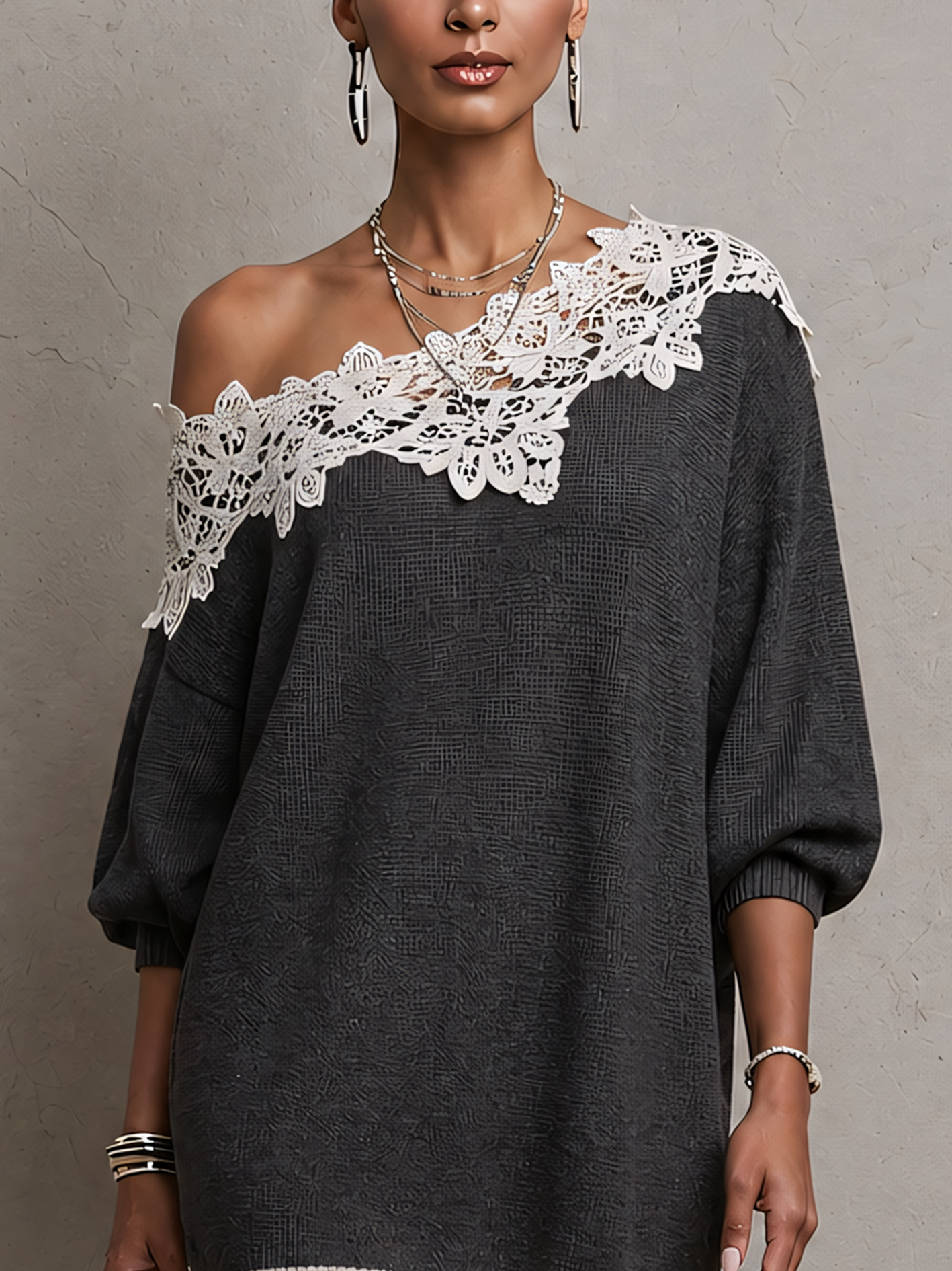 One Shouler Gray Lace Trim Knit Mini Dres