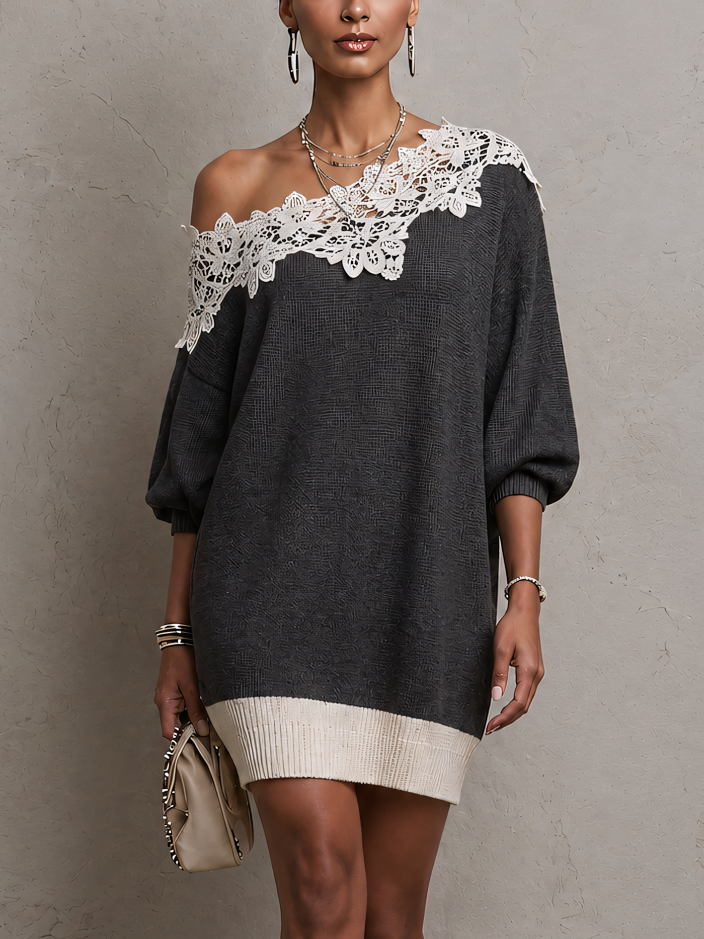 One Shouler Gray Lace Trim Knit Mini Dres