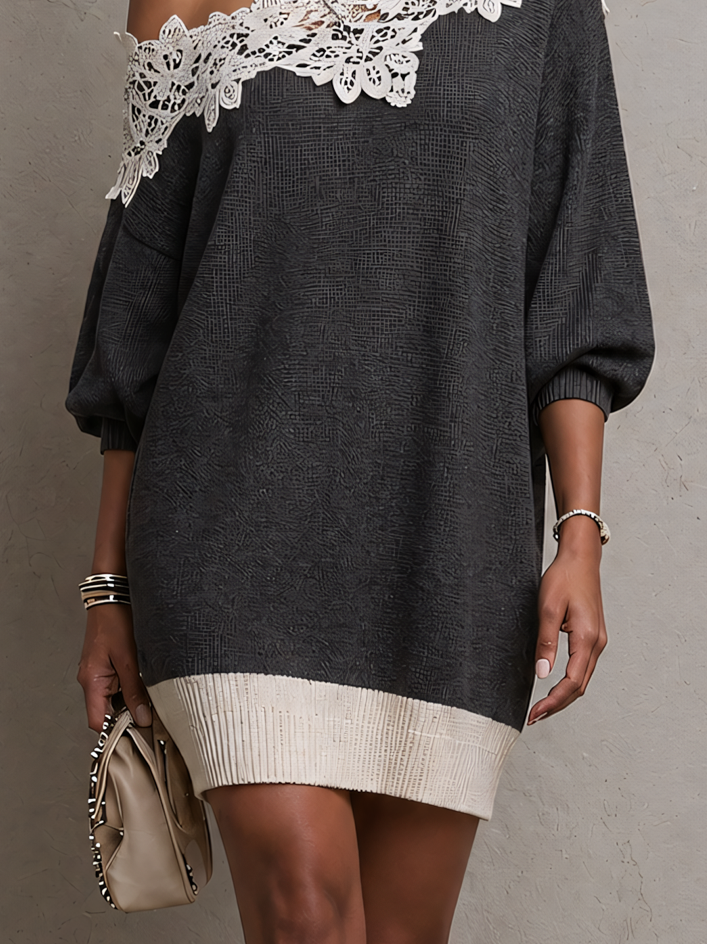 One Shouler Gray Lace Trim Knit Mini Dres
