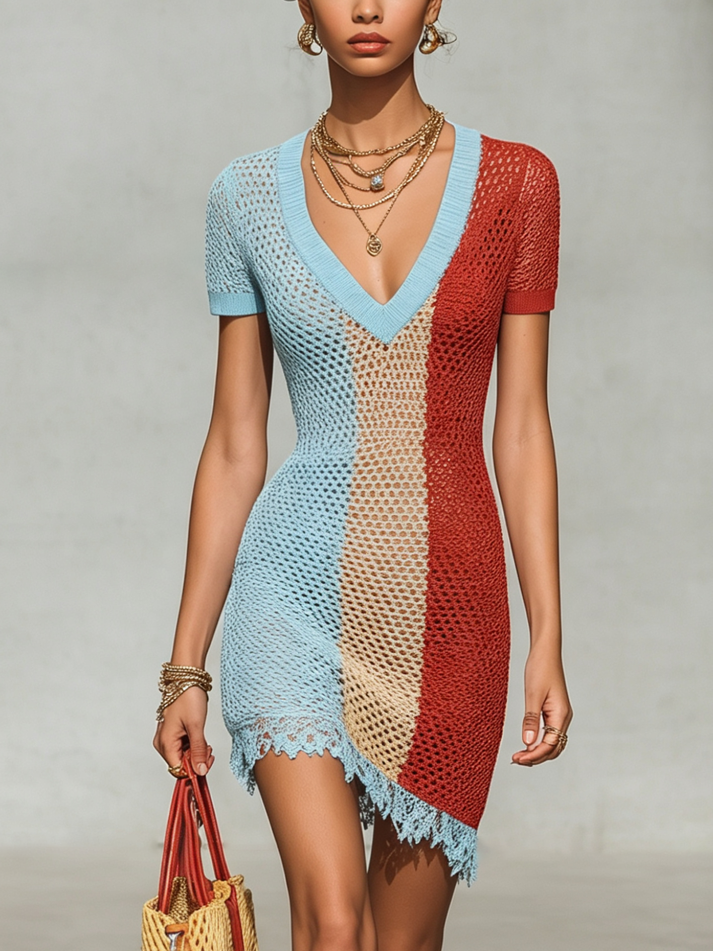ColorBlock V-Neck Knit Bodycon Mini Dress With Lace Patchwork Hem