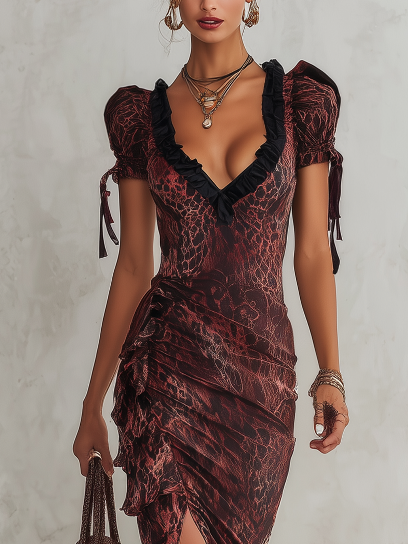 Burgundy Abstract Leopard Print Ruched Bodycon Dress With Side Slit