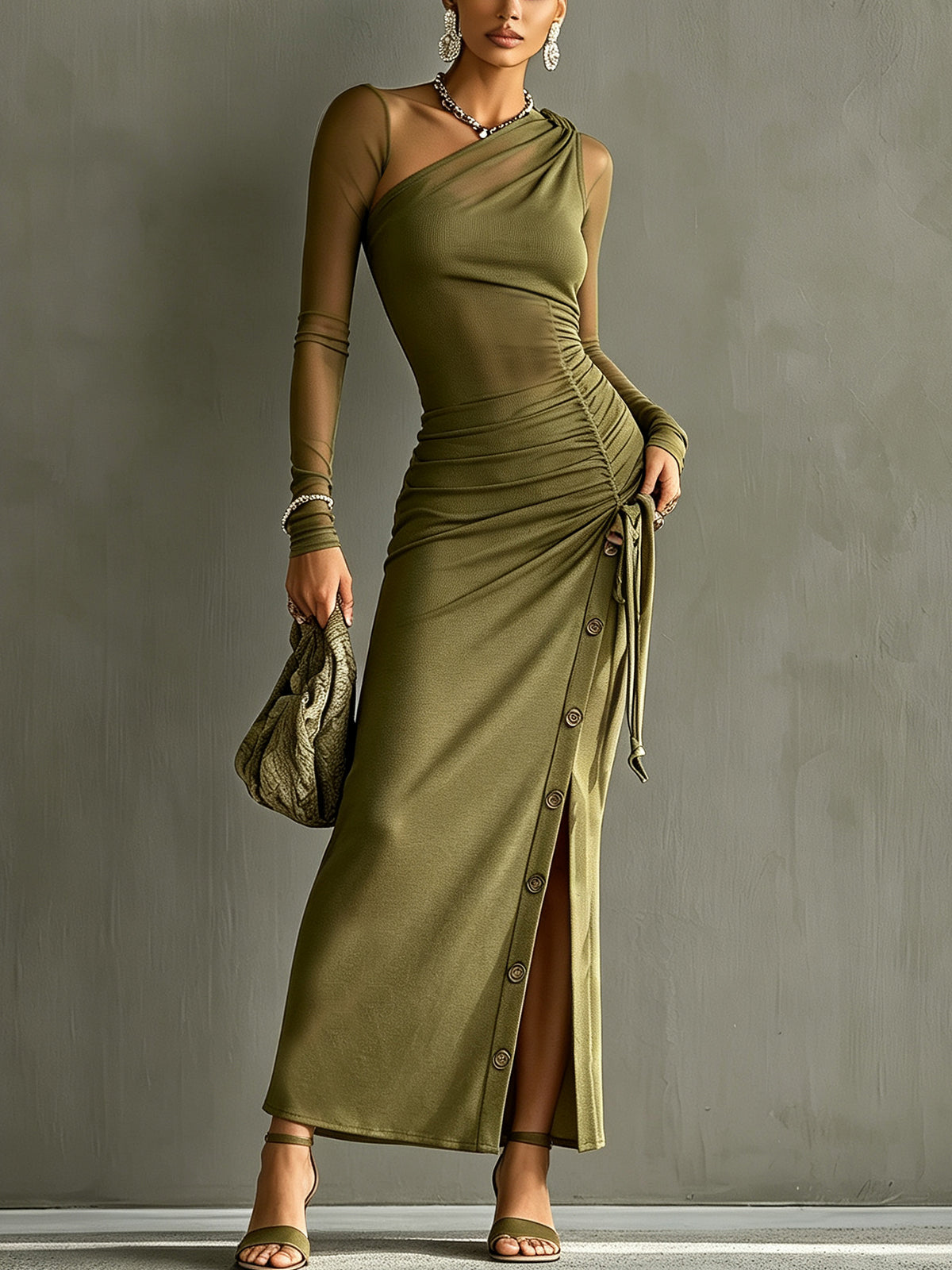 Olive One-Shoulder Ruched Maxi Dress
