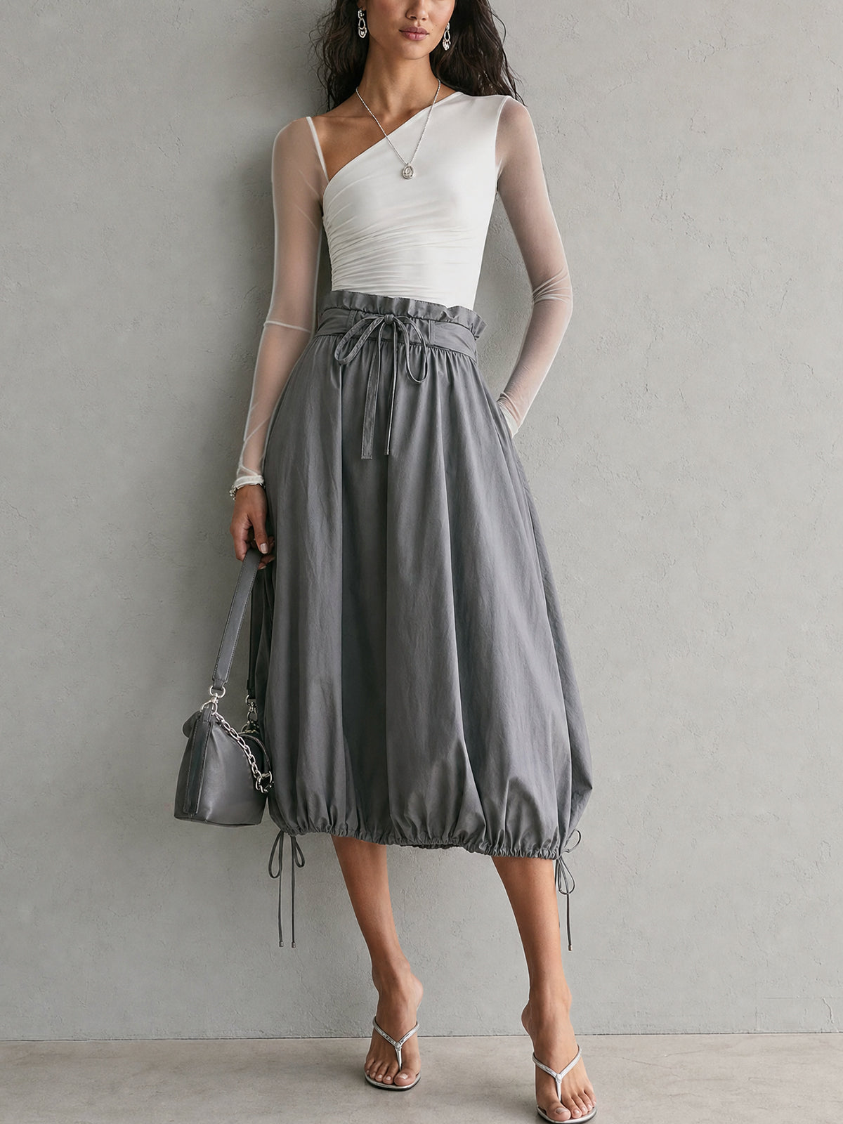 One-Shoulder White Mesh T-shirt And Skirt Set