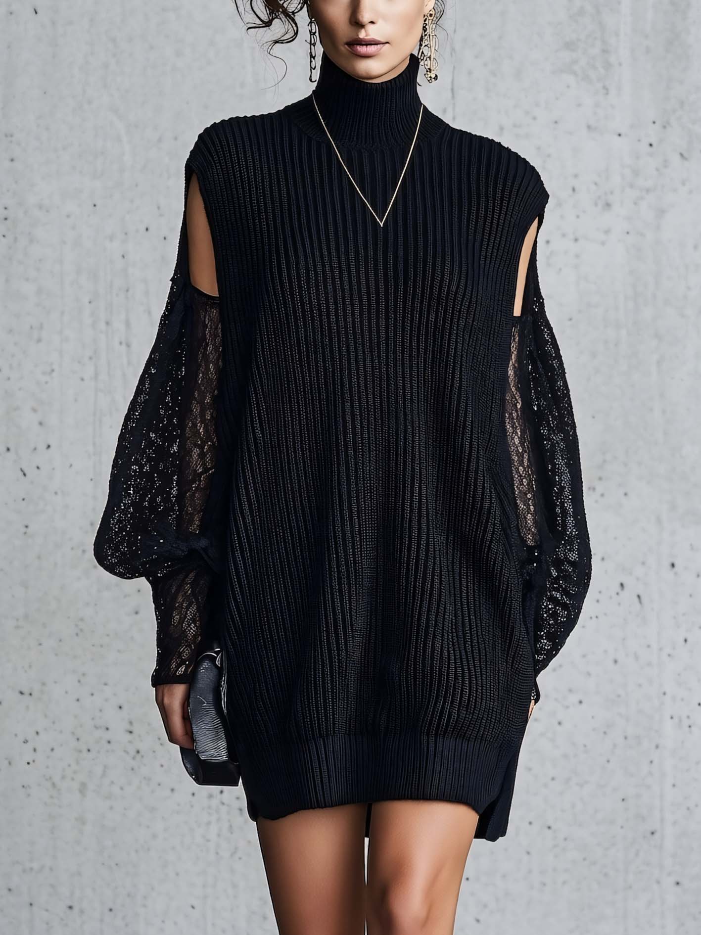 Turtleneck Cold Shoulder Ribbed Knit Mini Dress With Sheer Lace Sleeves