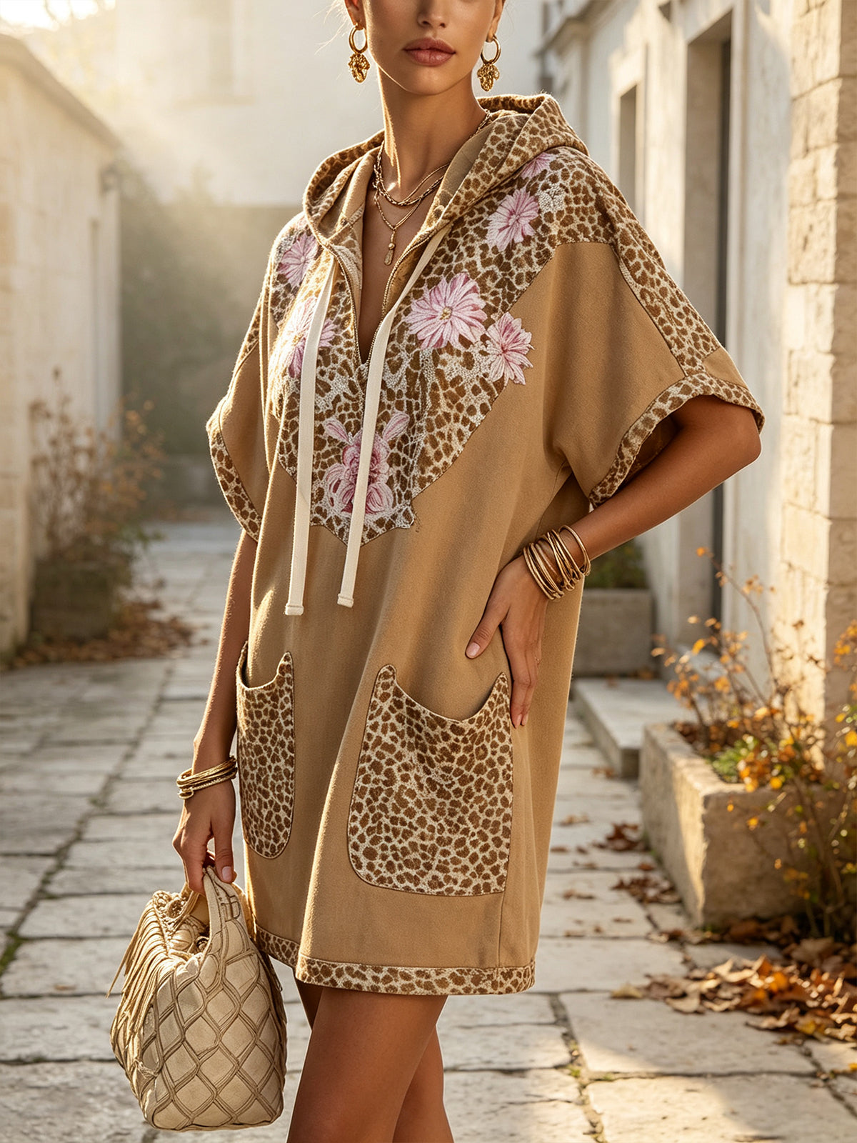 Khaki Leopard Floral Hooded Faux Suede Mini Dress