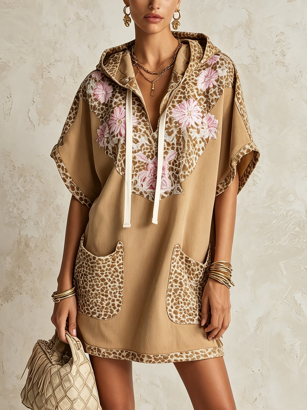 Khaki Leopard Floral Hooded Faux Suede Mini Dress