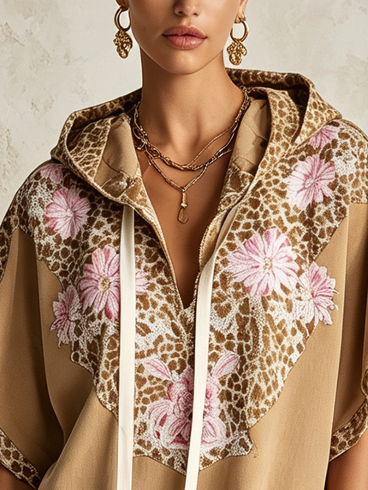 Khaki Leopard Floral Hooded Faux Suede Mini Dress