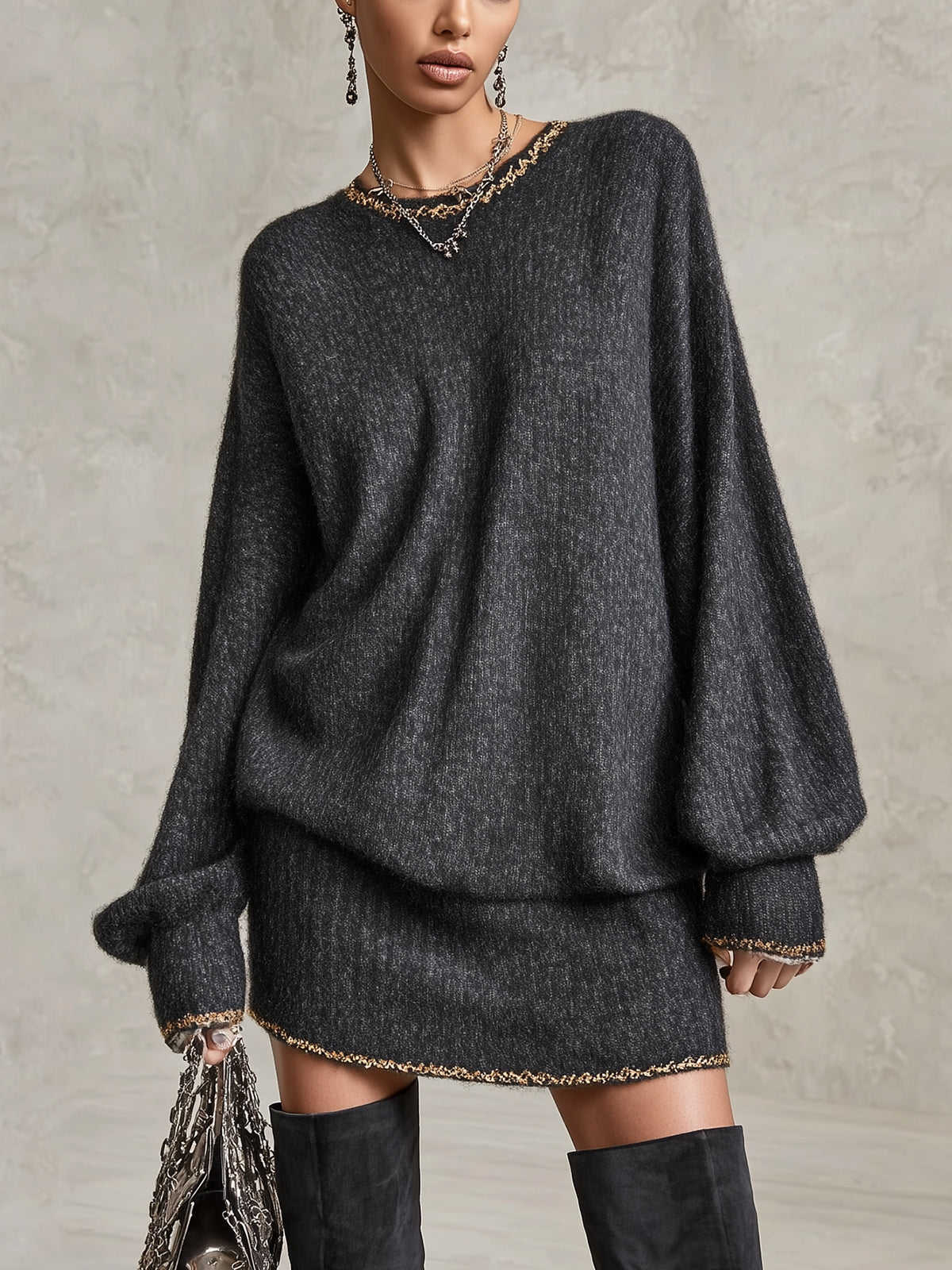 Oversized Gray Metallic Trim Knit Mini Dress